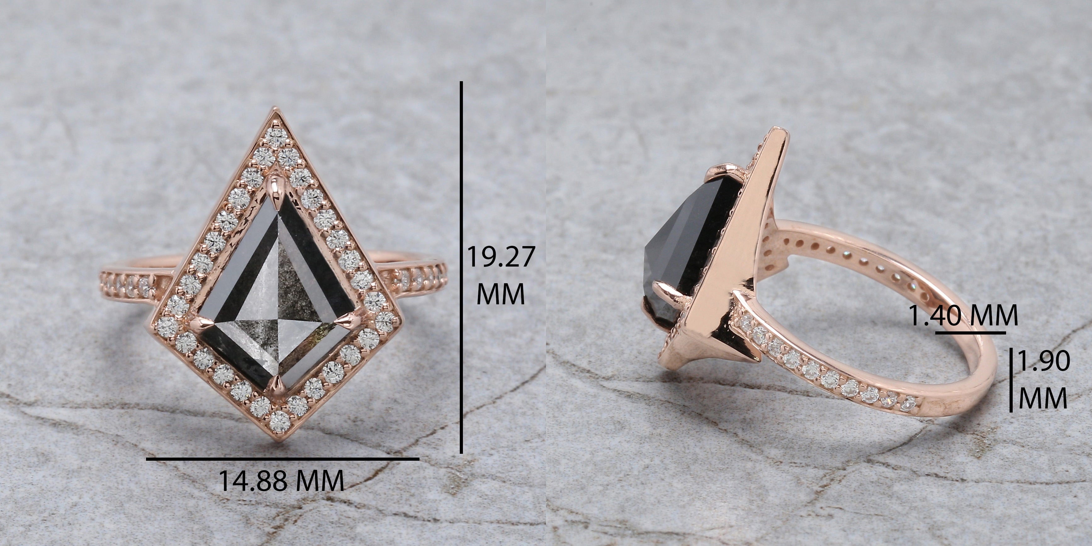 Kite Cut Salt And Pepper Diamond Ring 2.71 Ct 12.03 MM Kite Diamond Ring 14K Solid Rose Gold Silver Kite Engagement Ring Gift For Her QL2121