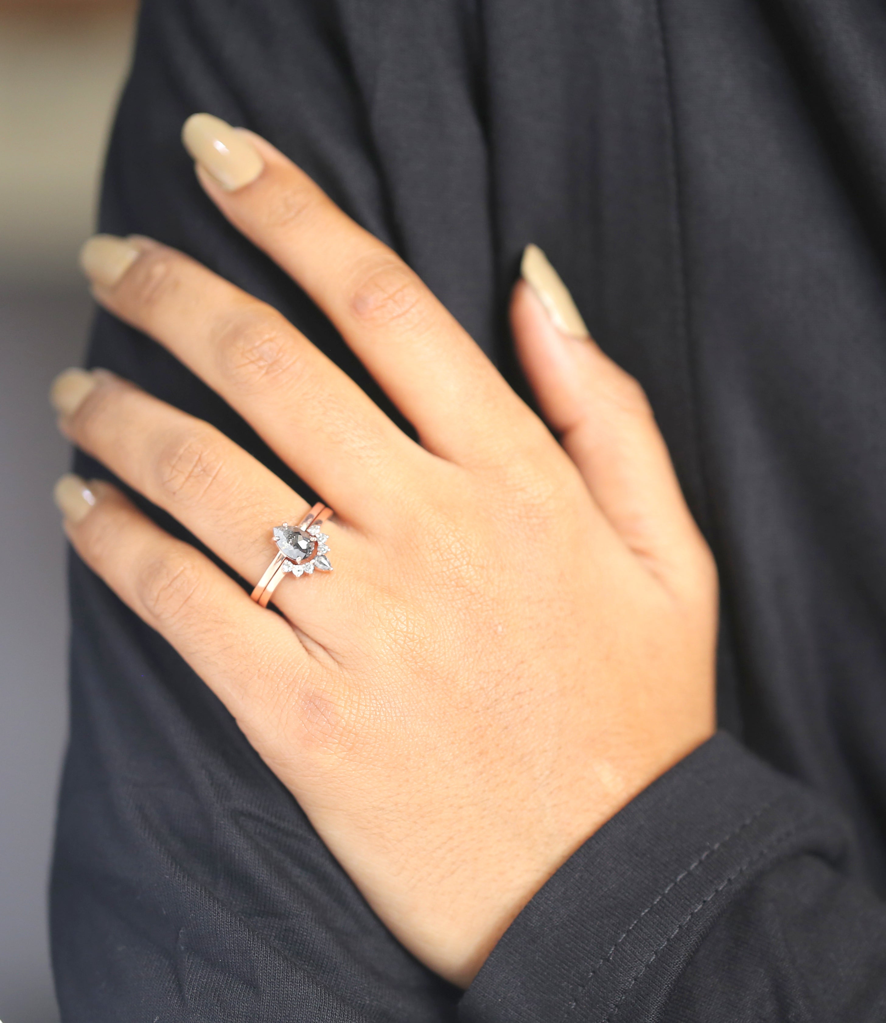 0.93 CT Salt And Pepper Diamond Ring, Pear Diamond Ring, Engagement Ring, 14K Rose Gold Ring, Rose Cut Ring, Wedding Gift For Her KDL680