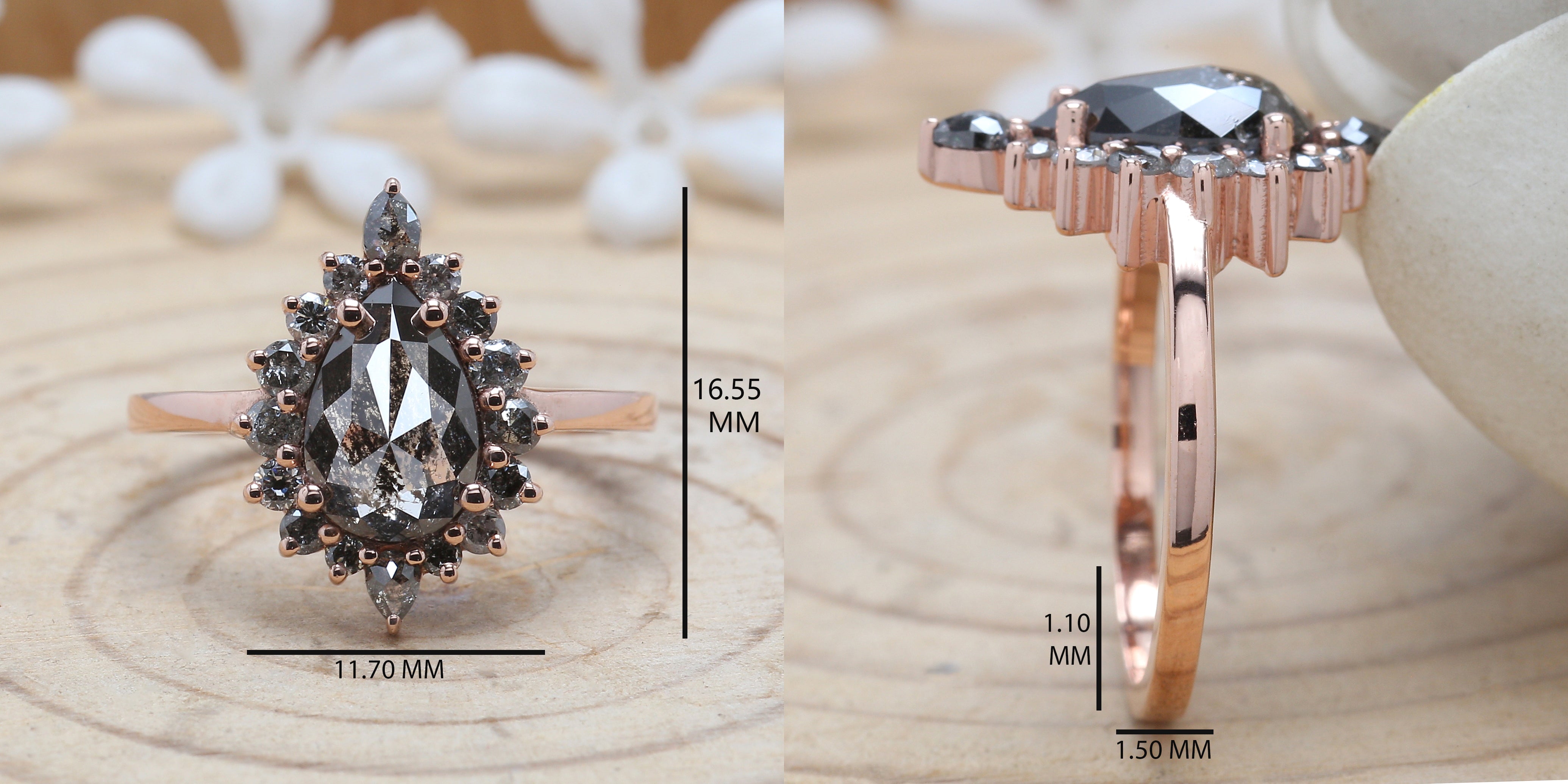 1.69 CT Salt And Pepper Ring, Pear Diamond Ring, Engagement Ring, 14K Rose Gold Ring, Rose Cut Ring, Wedding Ring, Gift For Her KDL691