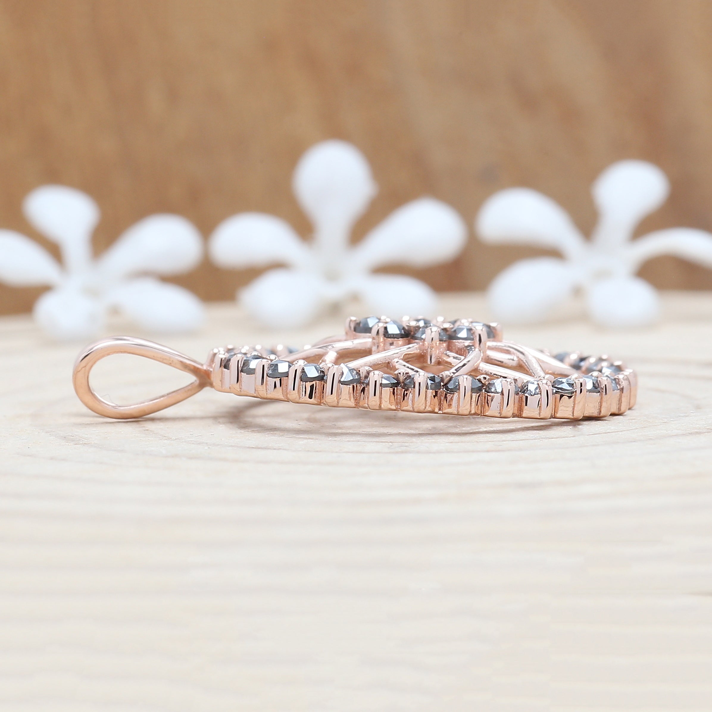 1.45 CT Salt And Pepper Diamond Pendant, Round Rose Cut Diamond Pendant, 14K Rose Gold Pendant, Necklace Pendant, Gift For Her KDK1951