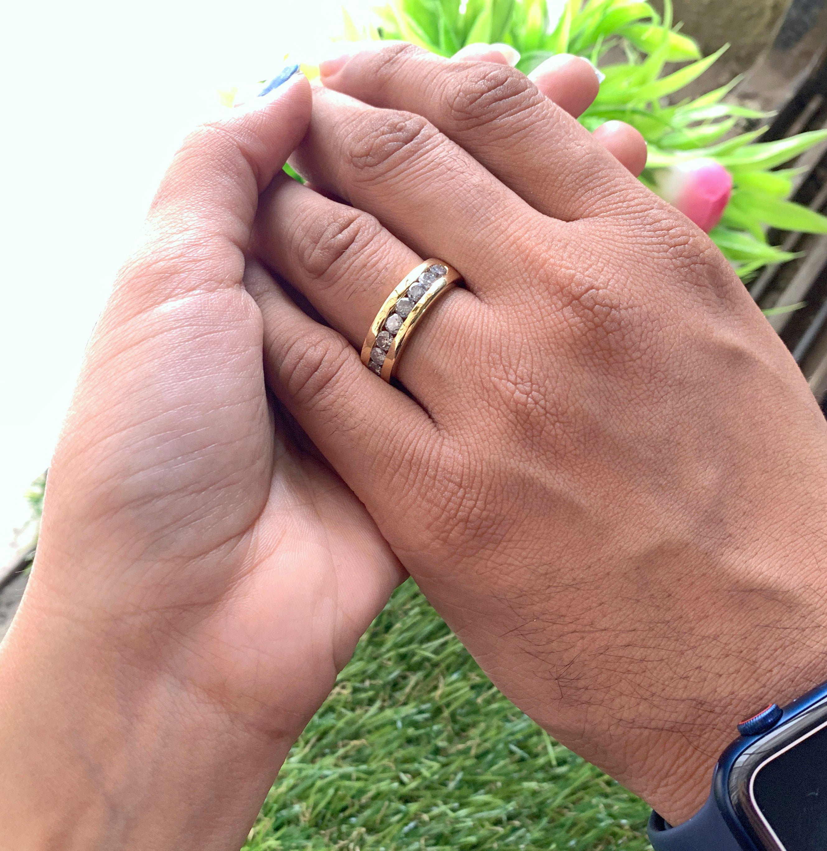 1.29 CT Salt And Pepper Band, Round Brilliant Cut Diamond Band, Engagement Band, 14K Yellow Gold Band, Wedding Band, KD924