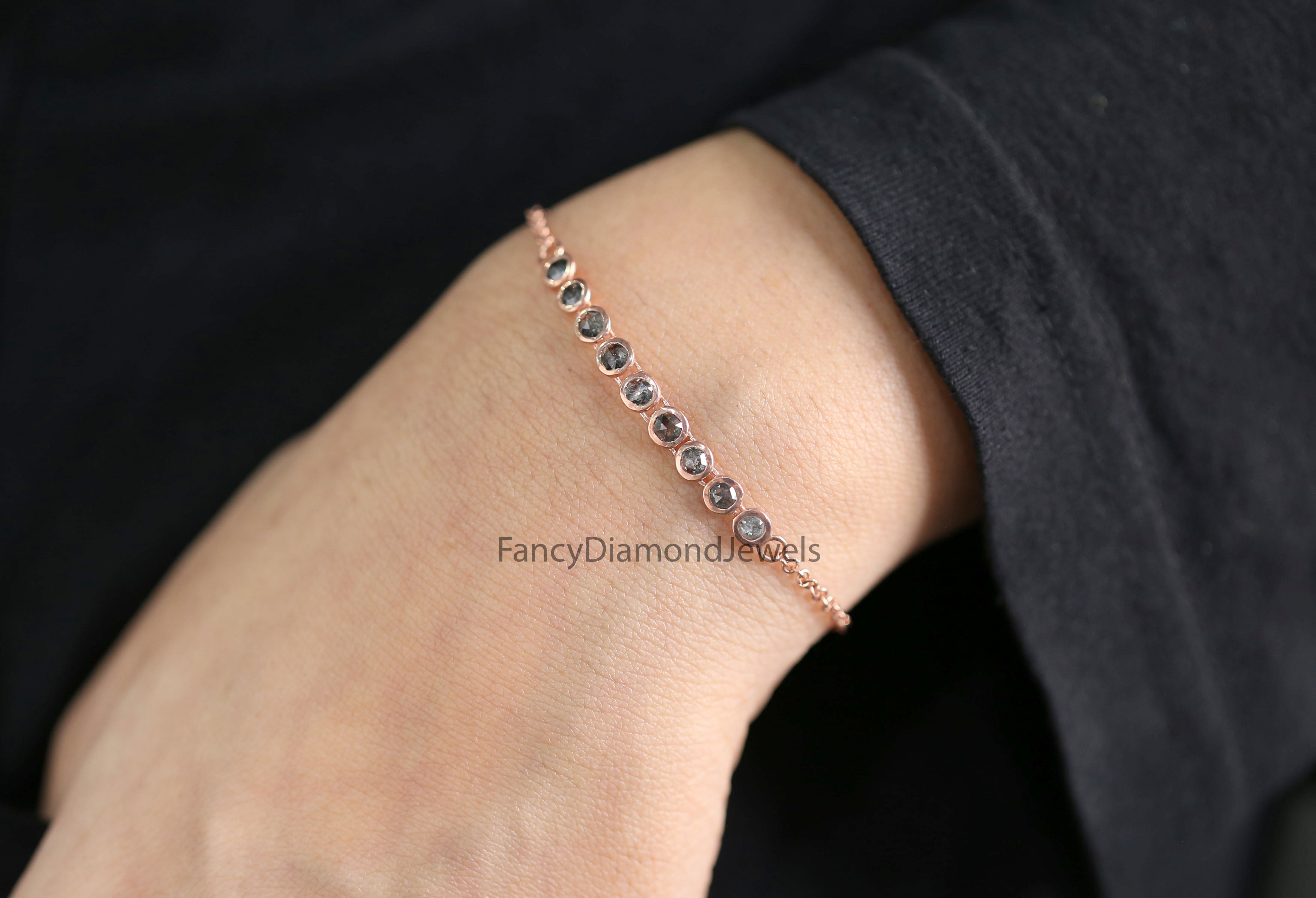 Round Rose Cut Salt And Pepper Diamond Bracelet Engagement Wedding Gift Bracelet 14K Solid Rose White Yellow Gold Bracelet 1.13 CT KD1095