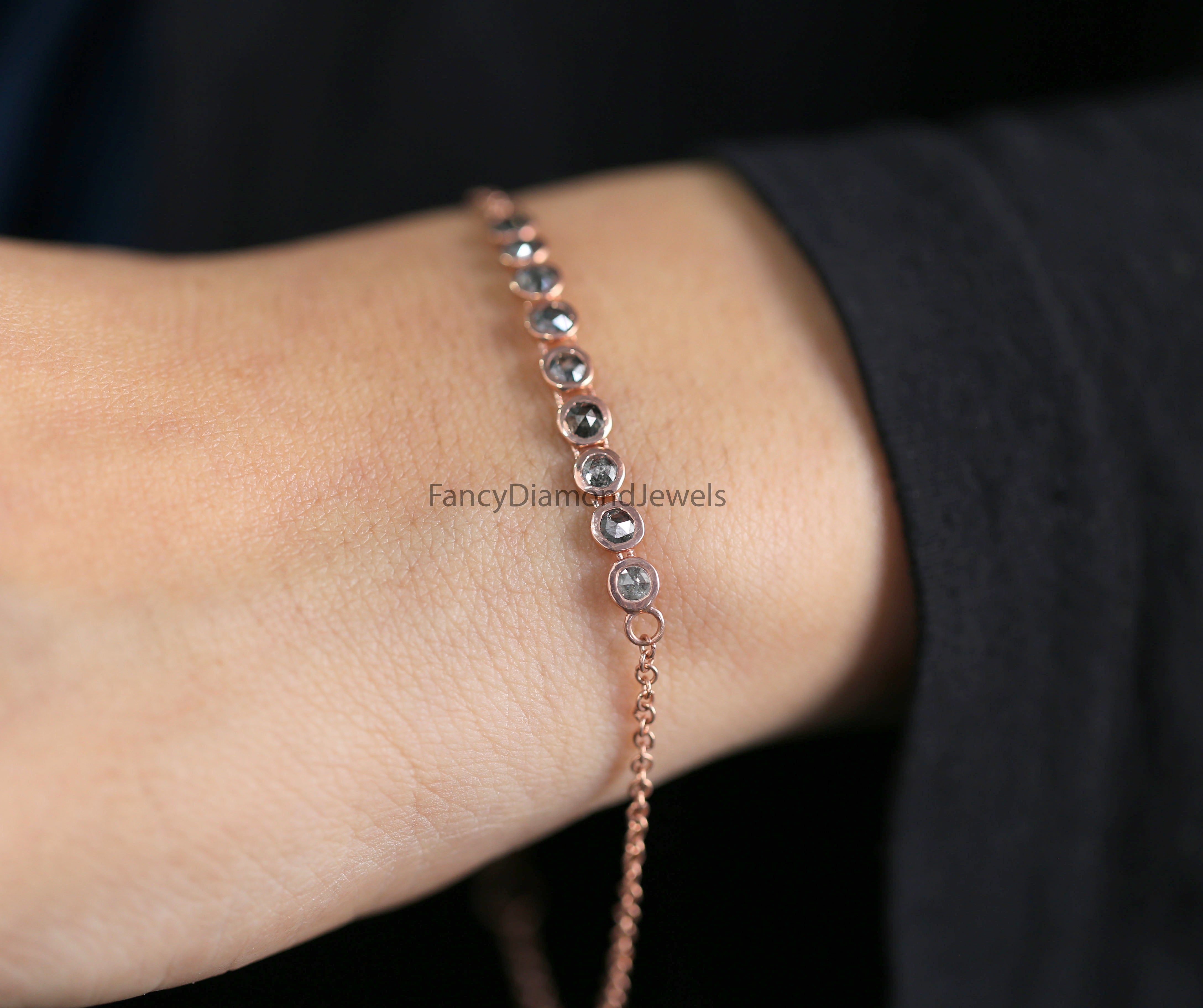 Round Rose Cut Salt And Pepper Diamond Bracelet Engagement Wedding Gift Bracelet 14K Solid Rose White Yellow Gold Bracelet 1.13 CT KD1095