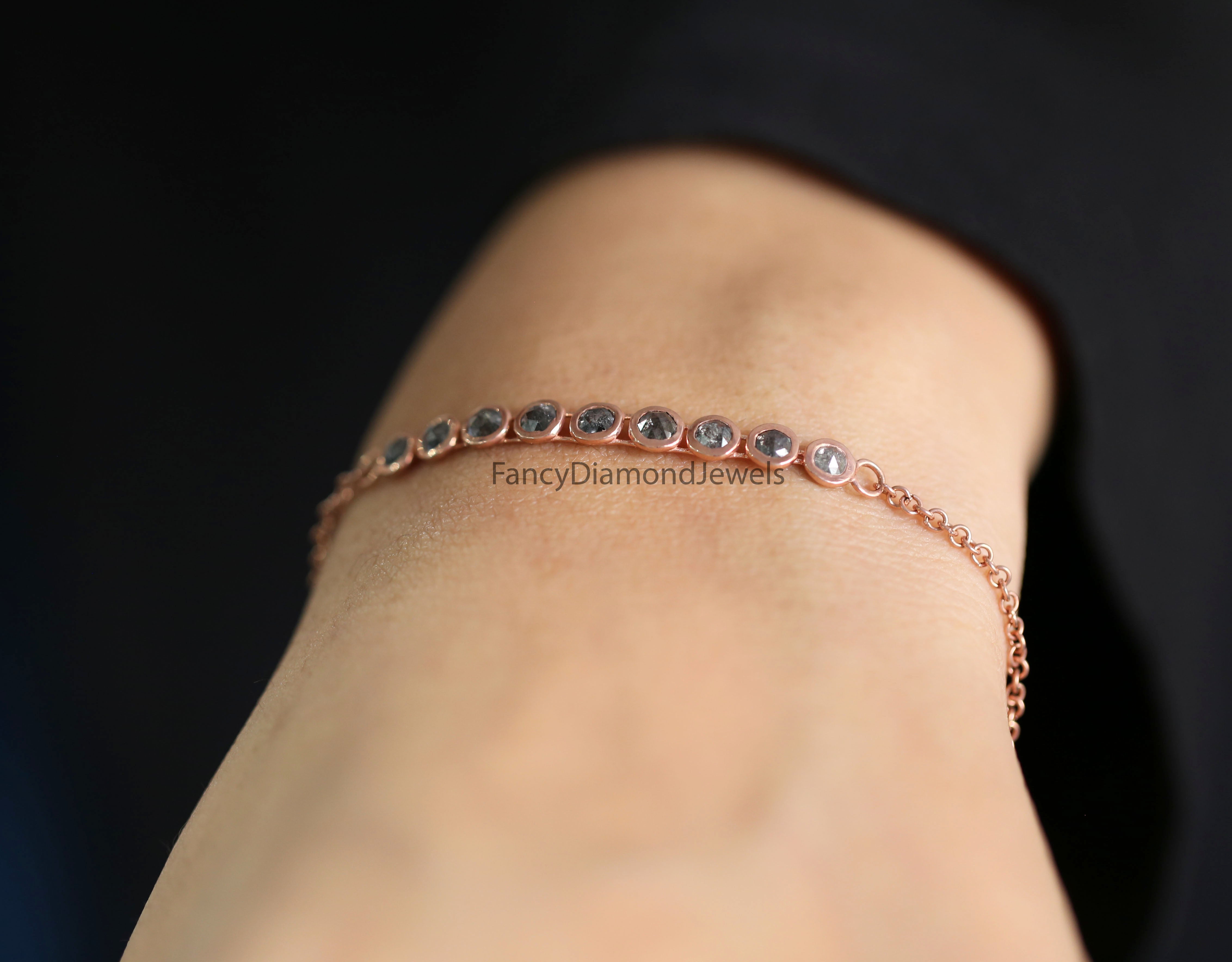 Round Rose Cut Salt And Pepper Diamond Bracelet Engagement Wedding Gift Bracelet 14K Solid Rose White Yellow Gold Bracelet 1.13 CT KD1095