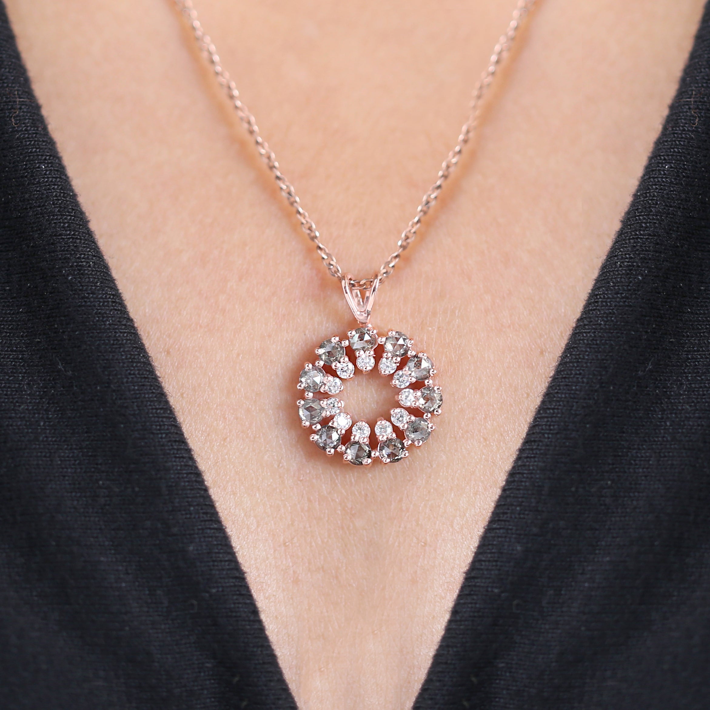 Round Rose Cut Salt And Pepper Diamond Pendant, Unique Diamond Pendant, Rose Cut Diamond Pendant, No Chain Including Only Pendant KDK1150