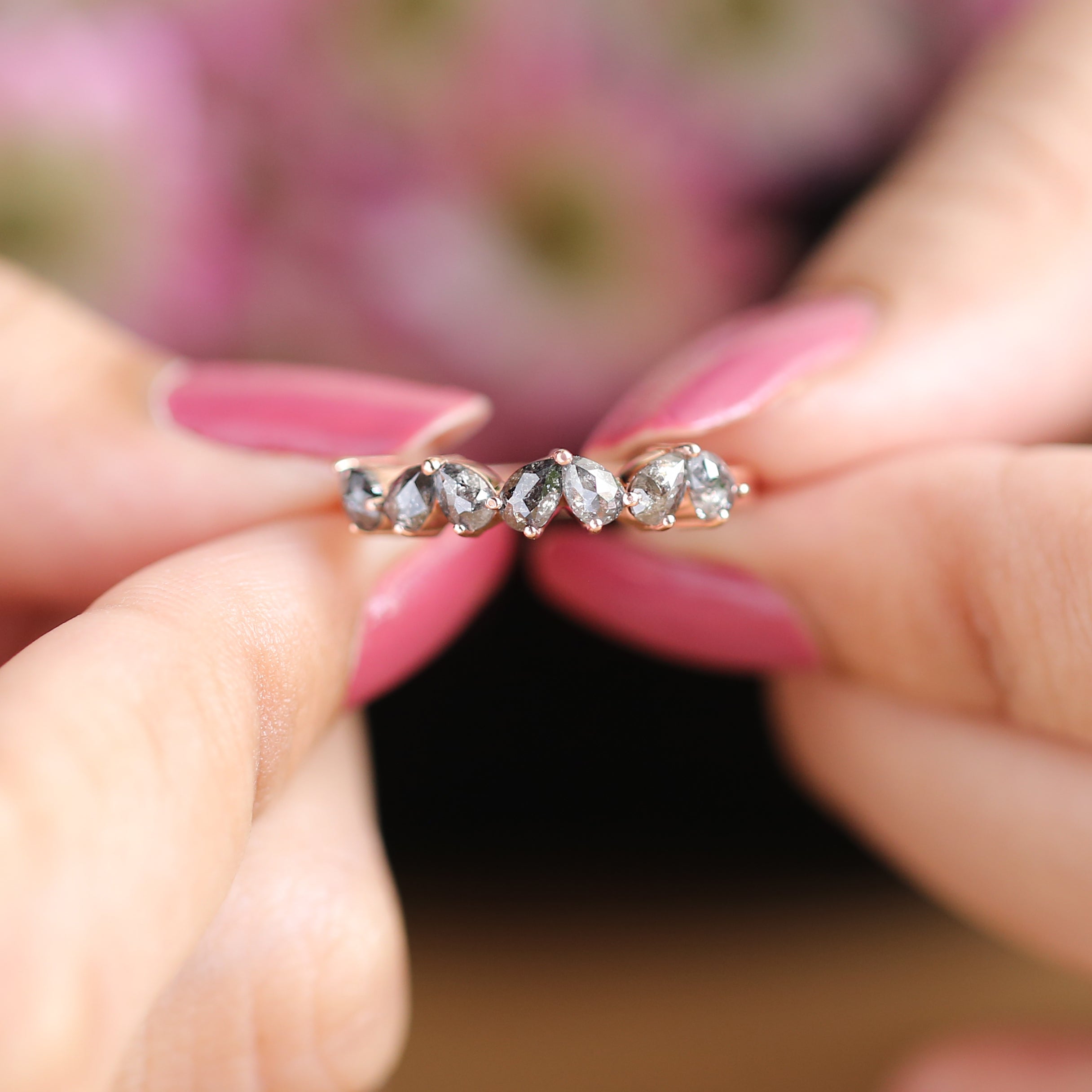 Pear Cut Salt And Pepper Diamond Ring 1.06 Ct 4.30 MM Pear Diamond Ring 14K Solid Rose Gold Silver Pear Engagement Ring Gift For Her QNB1574