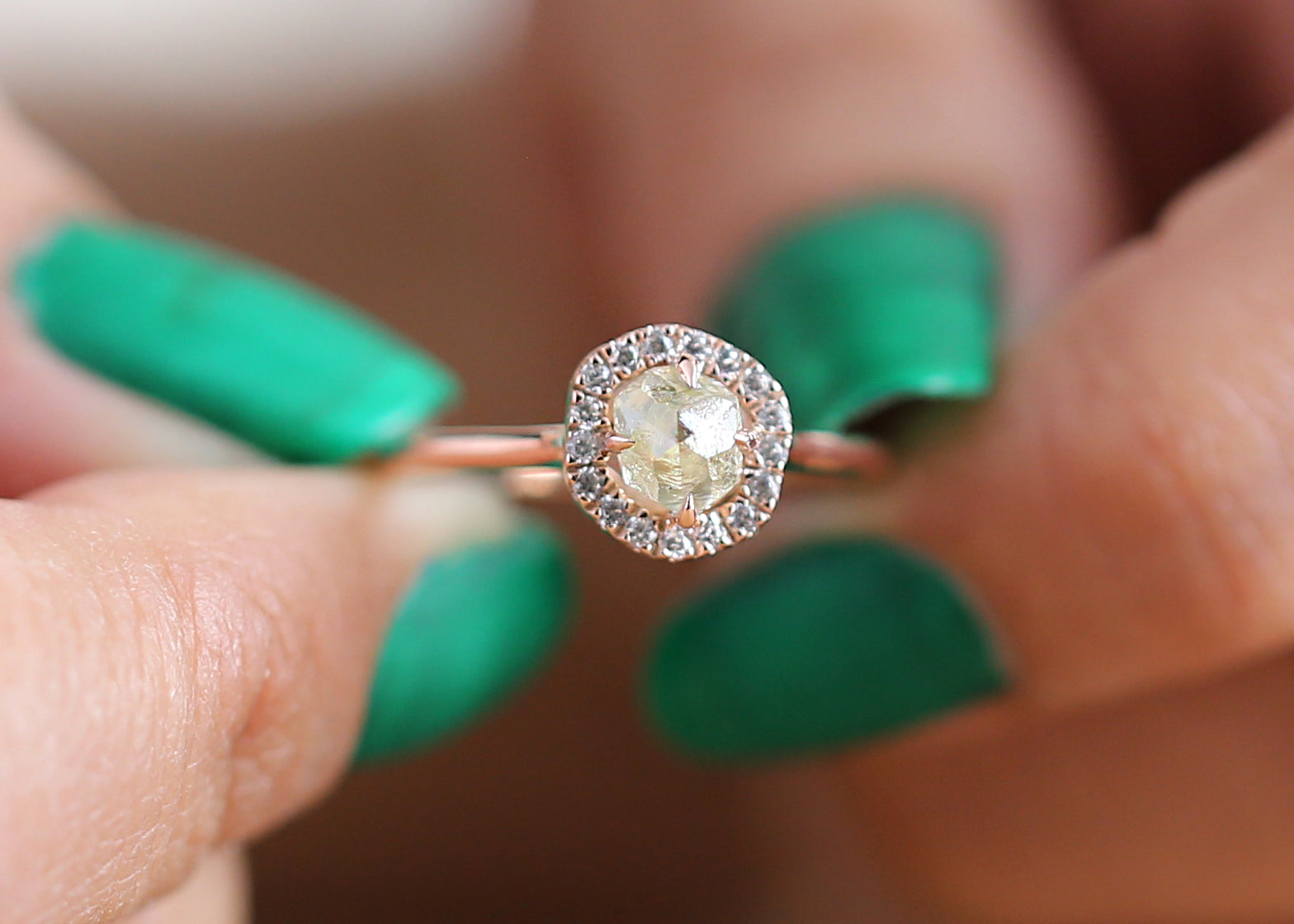 Rough Yellow Color Diamond Ring 0.98 Ct 5.40 MM Crystal Rough Diamond Ring 14K Solid Rose Gold Silver Engagement Ring Gift For Her QN2528