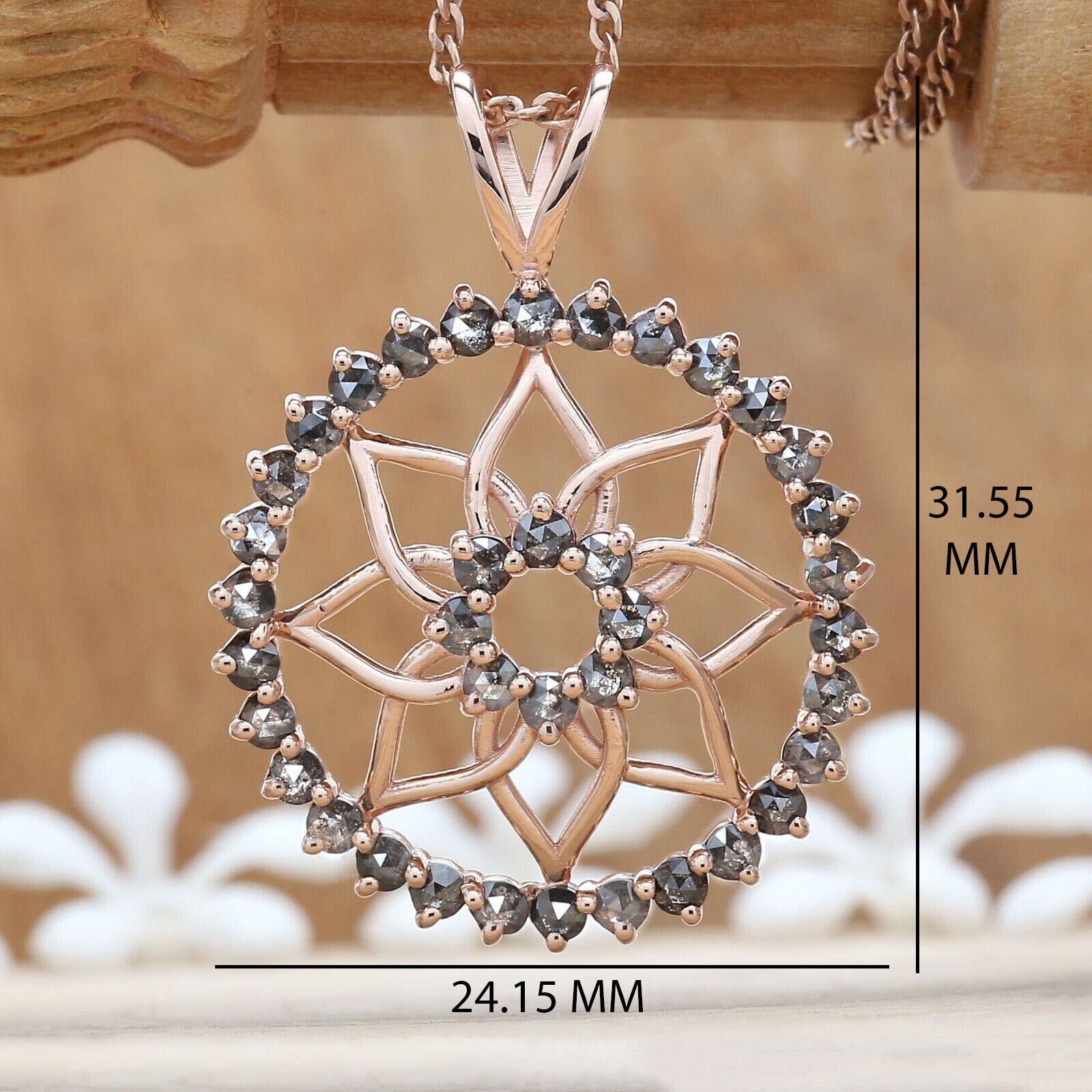 1.45 CT Salt And Pepper Diamond Pendant, Round Rose Cut Diamond Pendant, 14K Rose Gold Pendant, Necklace Pendant, Gift For Her KDK1951
