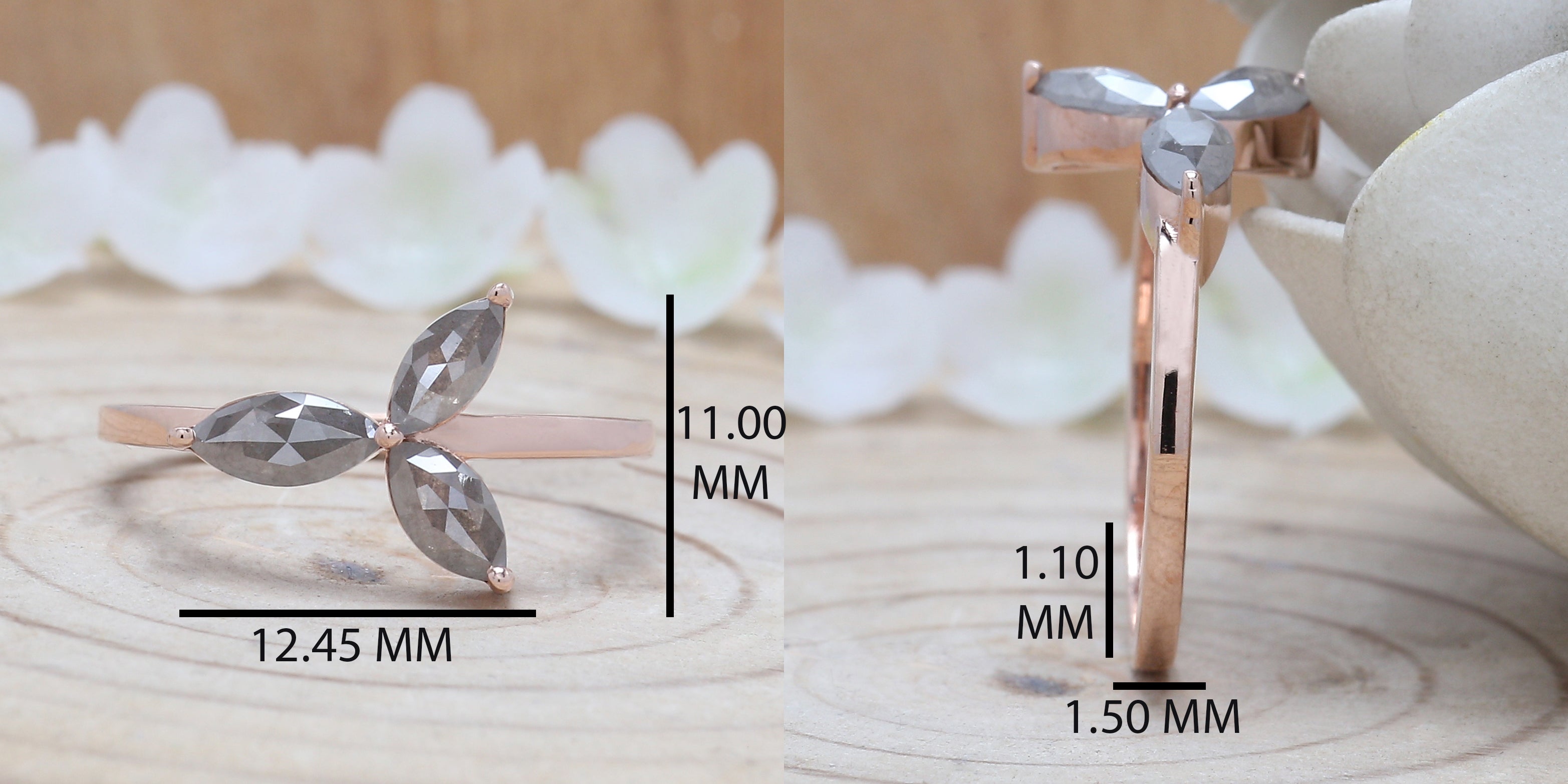 Marquise Cut Salt And Pepper Diamond Ring 0.83 Ct 7.40 MM Marquise Diamond Ring 14K Rose Gold Silver Engagement Ring Gift For Her QN1446