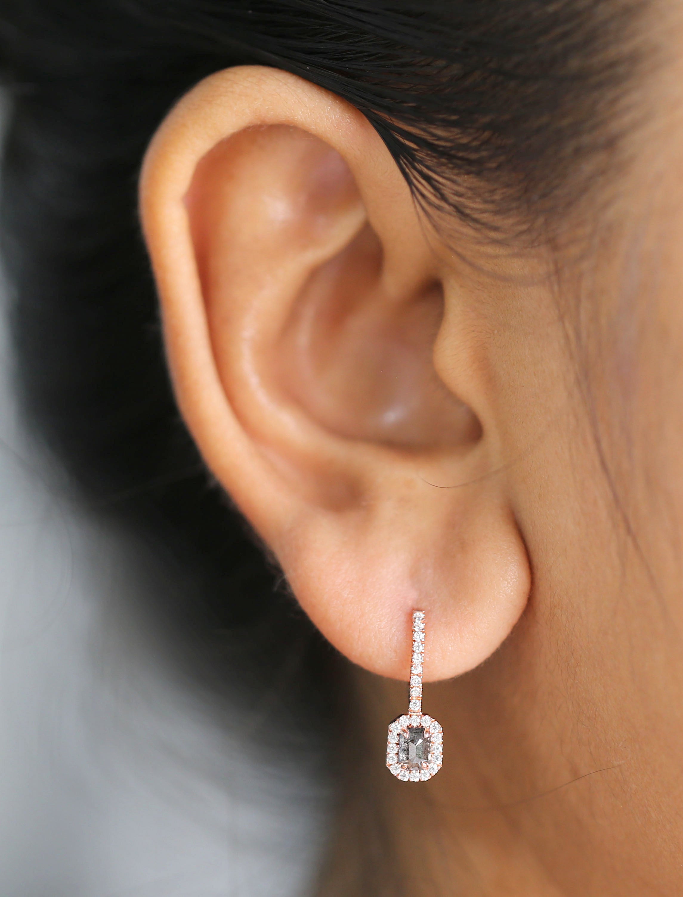 Emerald Cut Salt and Pepper Diamond Earring 0.49 Ct 4.22 MM Emerald Shape Diamond Earring 14K Solid Rose Gold Silver Engagement QN2150