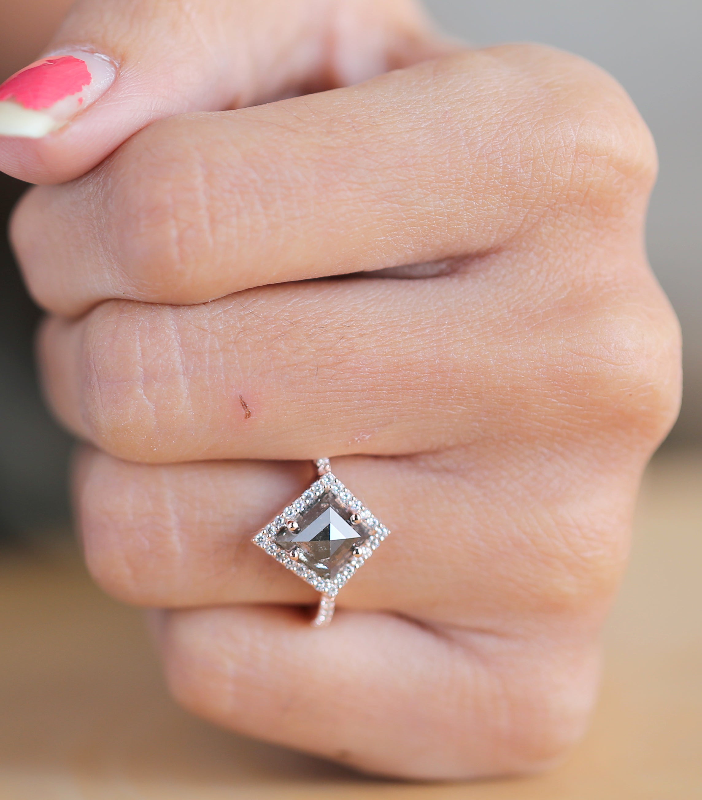 Salt And Pepper Kite Diamond 14K Solid Rose White Yellow Gold Ring Engagement Wedding Gift Ring KDL8799