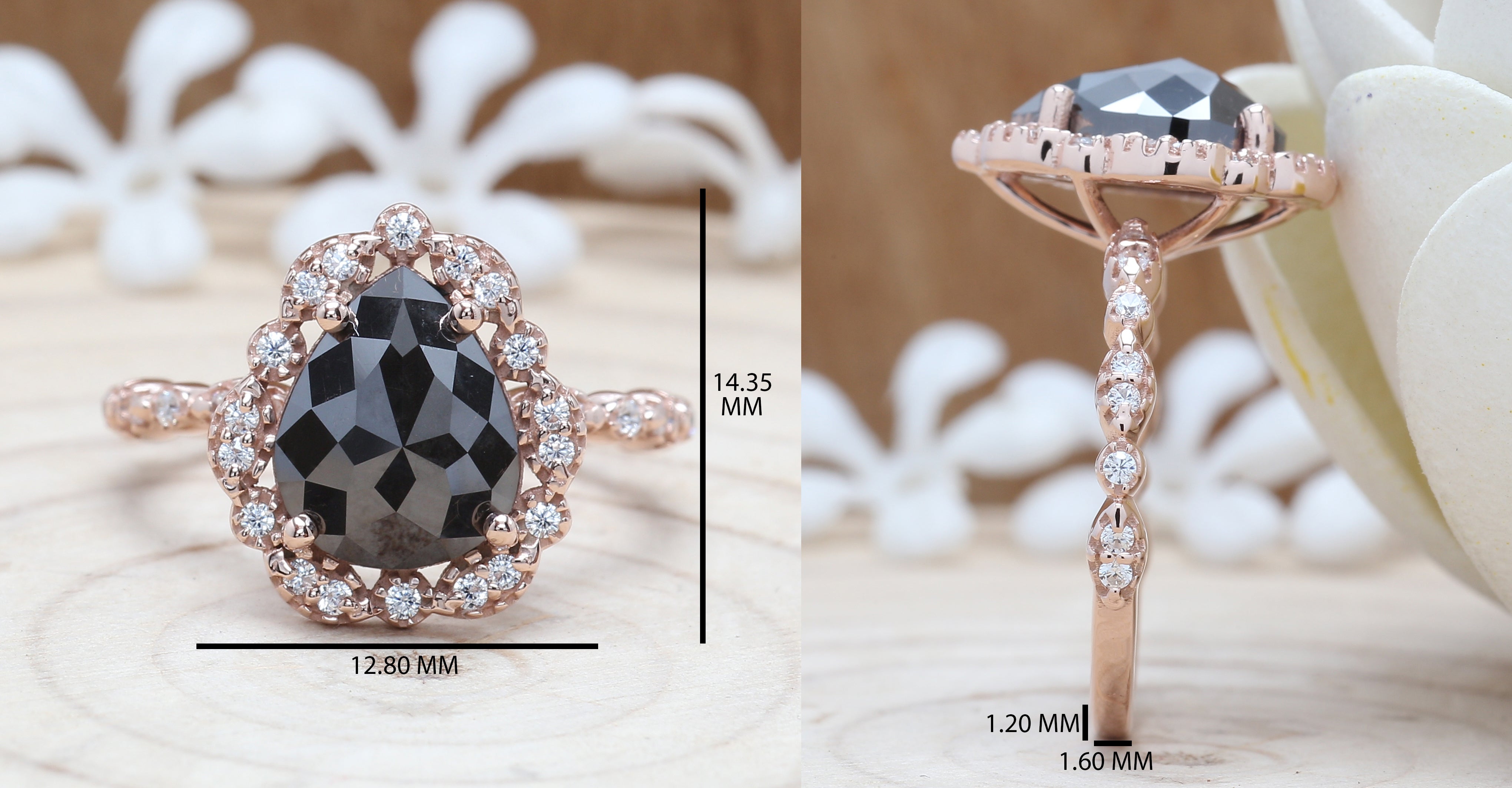 Pear Shape Black Color Diamond Ring 2.75 Ct 10.30 MM Pear Cut Diamond Ring 14K Solid Rose Gold Silver Engagement Ring Gift For Her QL3107