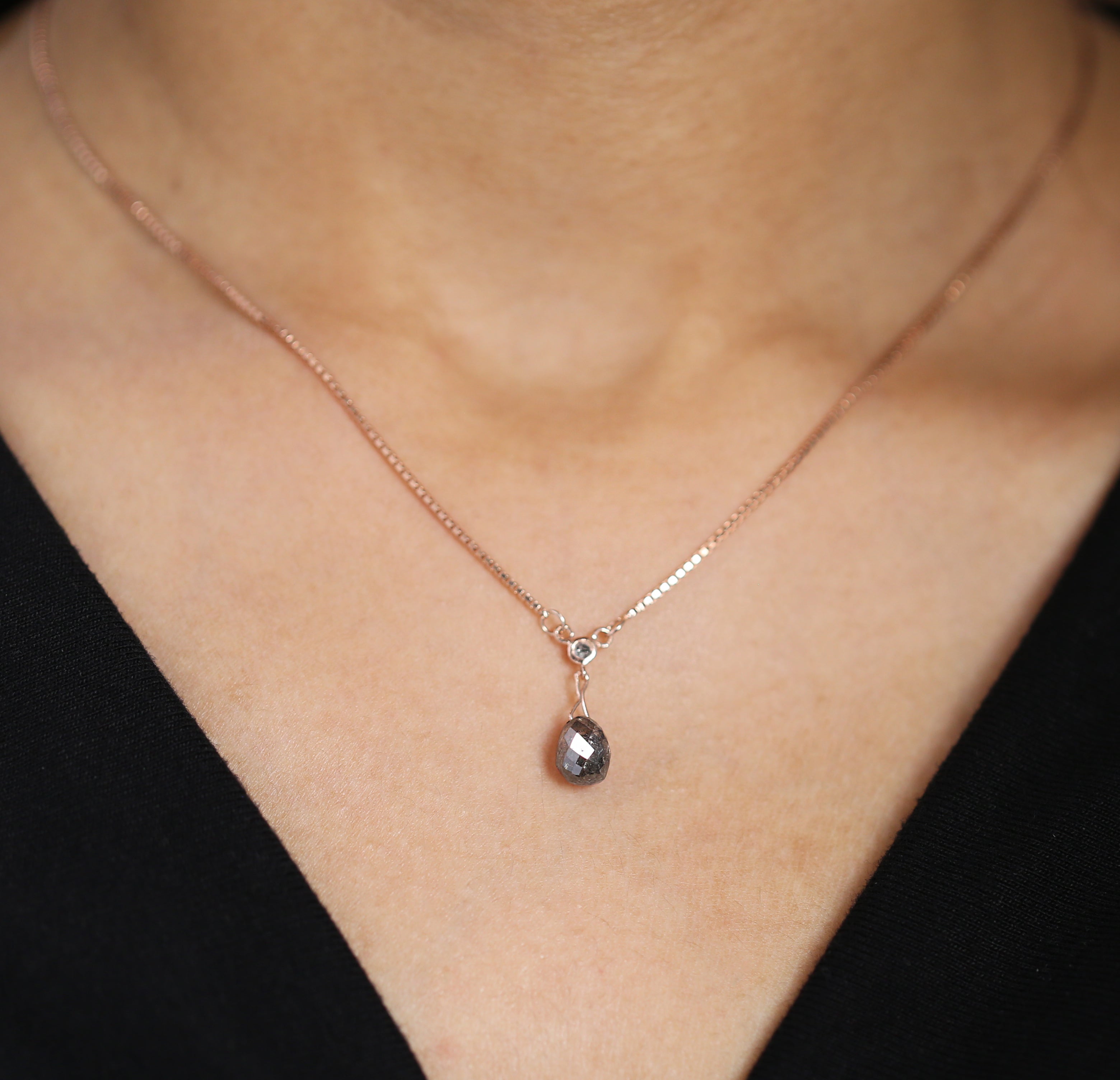 Drop Salt and Pepper Diamond Pendant 2.48 Ct 8.10 MM Briolette Shape Diamond Pendant 14K Solid Rose Gold Silver Engagement Pendant QL5682