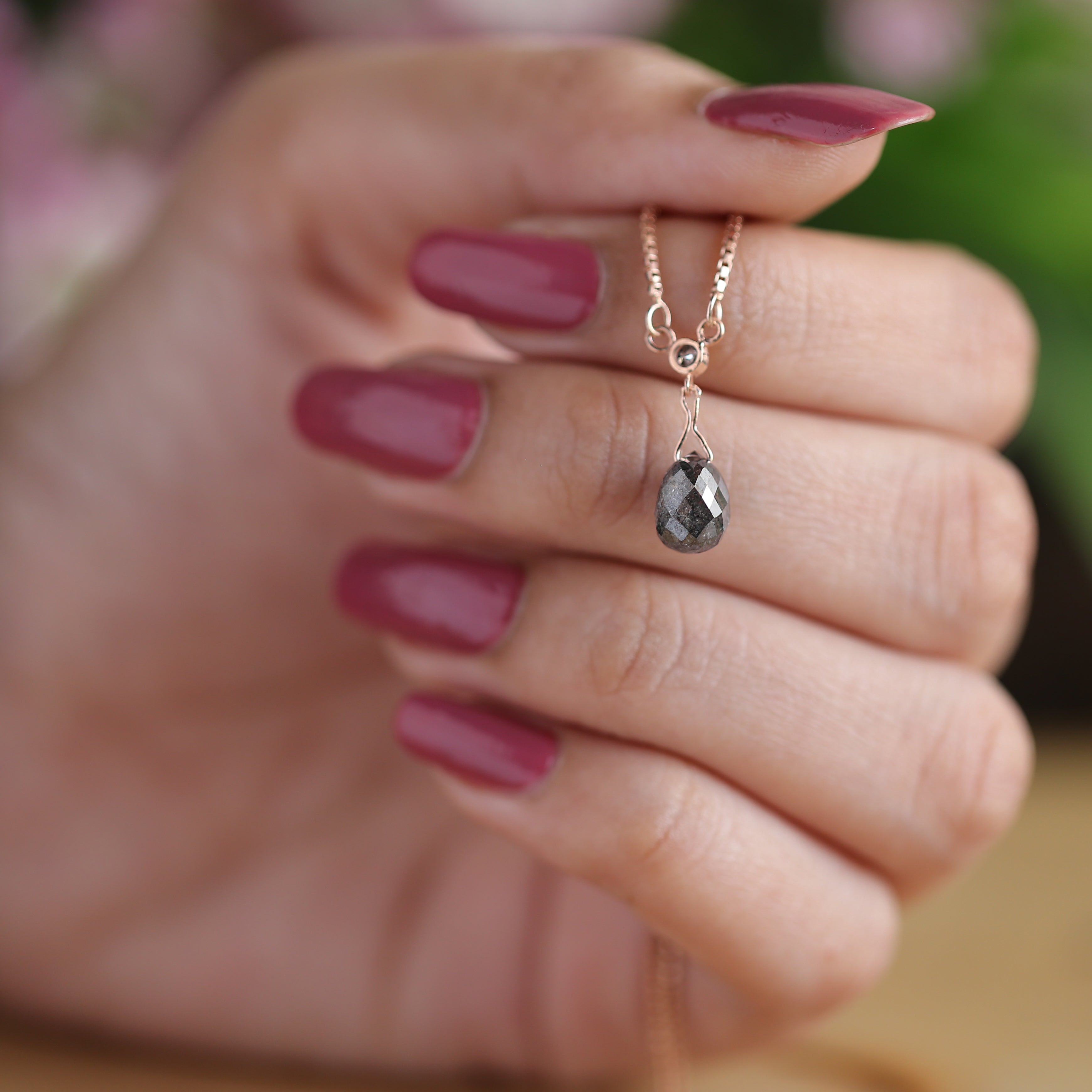 Drop Salt and Pepper Diamond Pendant 2.48 Ct 8.10 MM Briolette Shape Diamond Pendant 14K Solid Rose Gold Silver Engagement Pendant QL5682