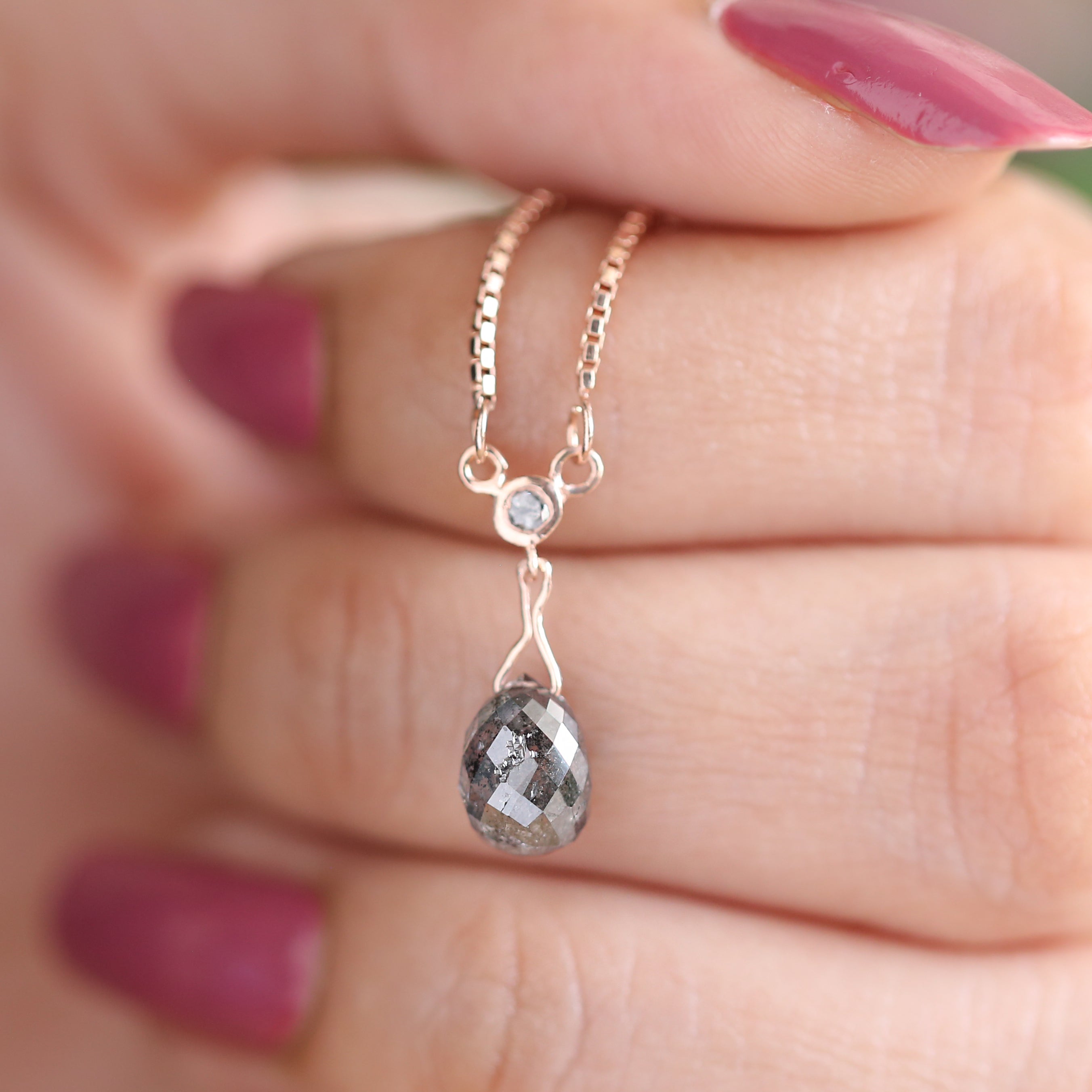 Drop Salt and Pepper Diamond Pendant 2.48 Ct 8.10 MM Briolette Shape Diamond Pendant 14K Solid Rose Gold Silver Engagement Pendant QL5682