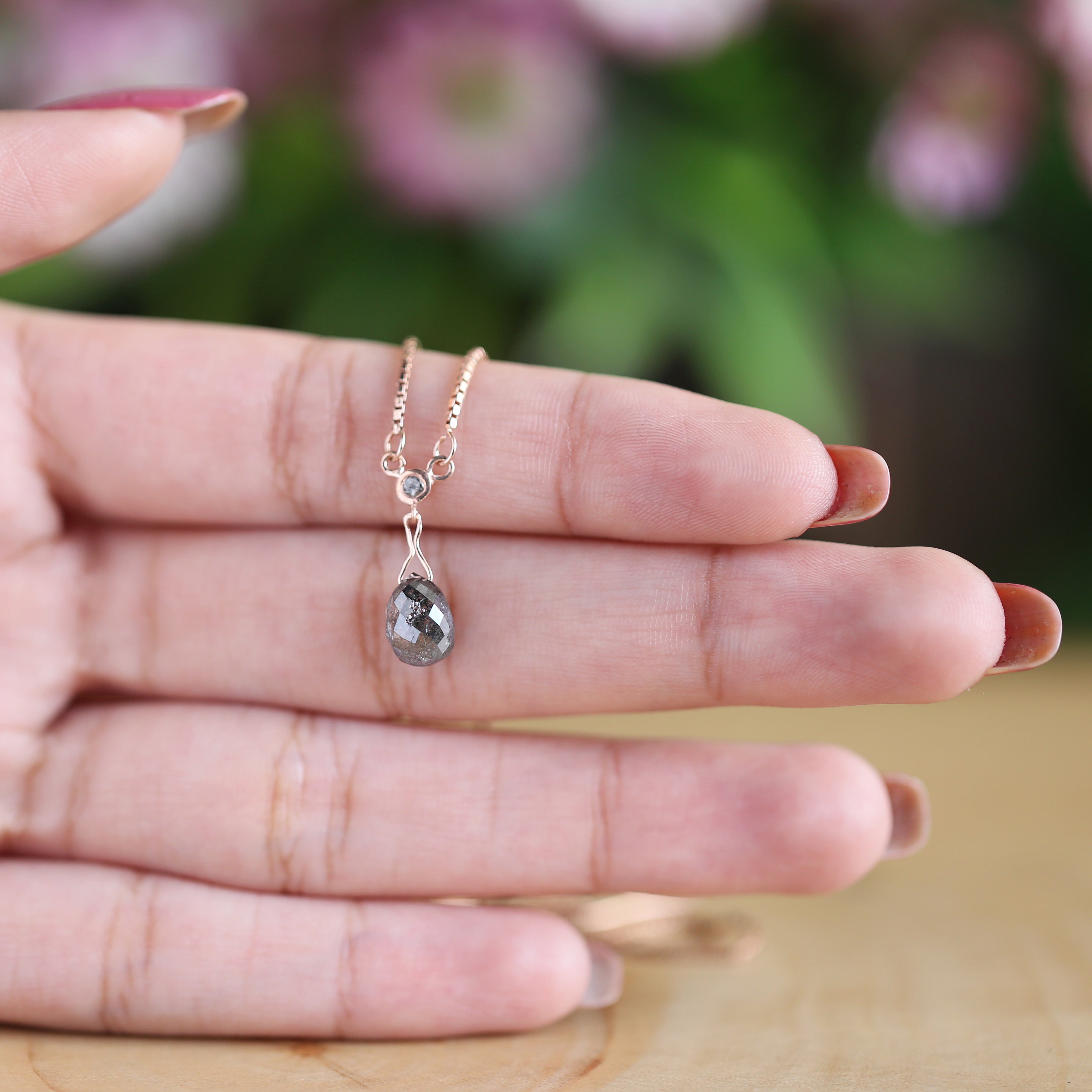 Drop Salt and Pepper Diamond Pendant 2.48 Ct 8.10 MM Briolette Shape Diamond Pendant 14K Solid Rose Gold Silver Engagement Pendant QL5682