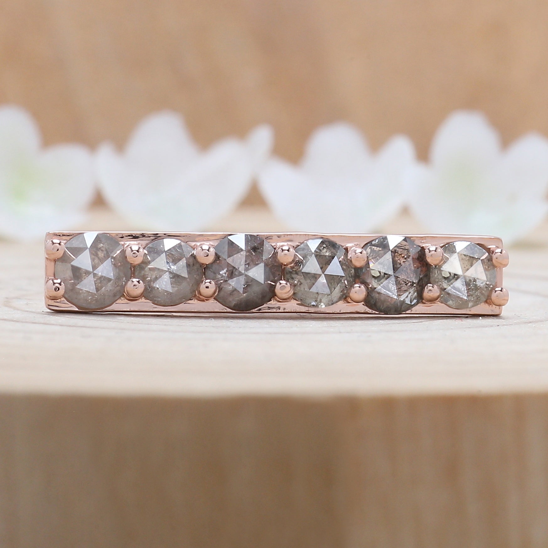 Round Rose Cut Salt And Pepper Diamond Ring 1.66 Ct 4.35 MM Round Diamond Ring 14K Rose Gold Silver Engagement Ring Gift For Her QLB1133