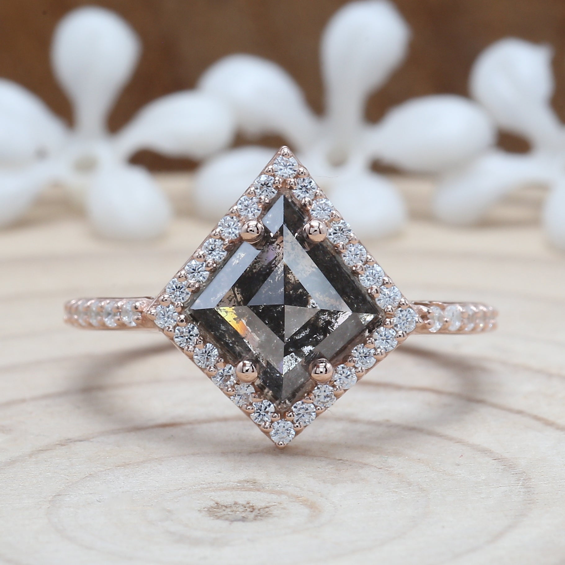 Salt And Pepper Kite Diamond 14K Solid Rose White Yellow Gold Ring Engagement Wedding Gift Ring KDL8799