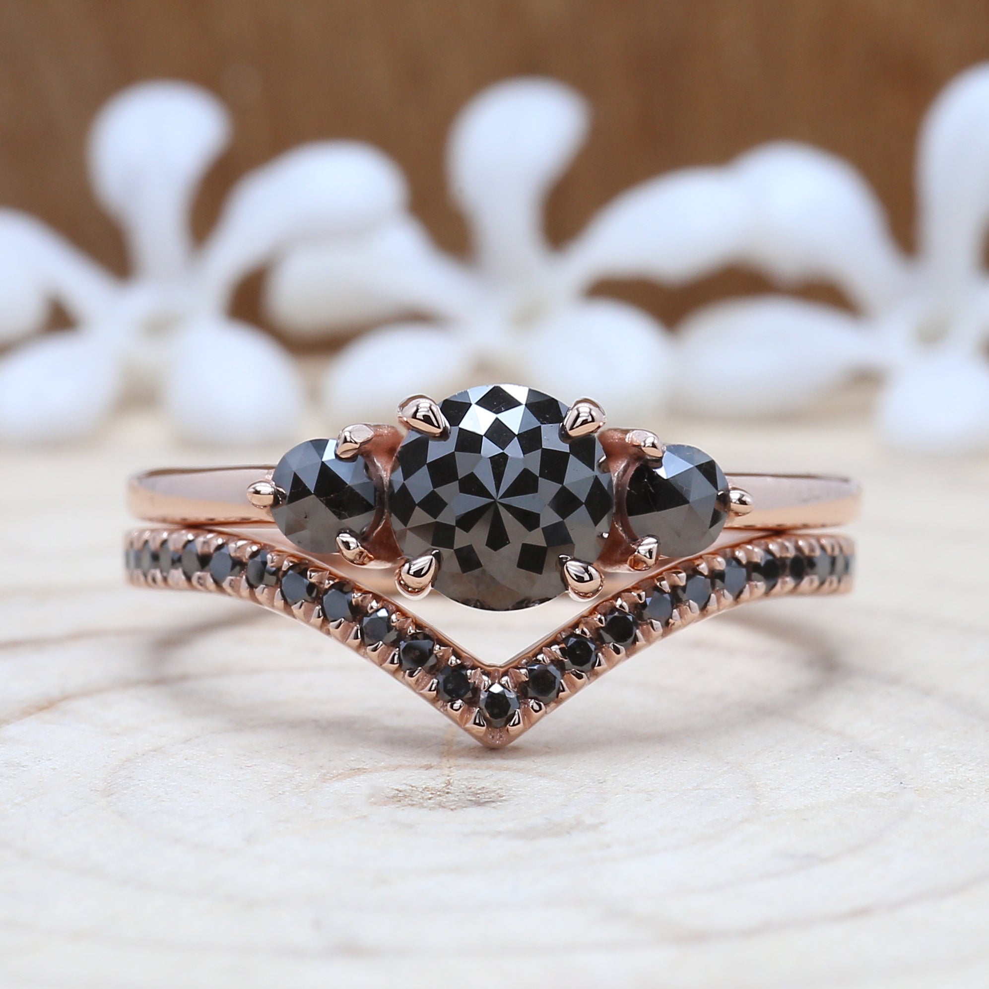 Black Round Rose Cut Diamond 14K Solid Rose Gold Ring Set Engagement Wedding Gift Ring KD449