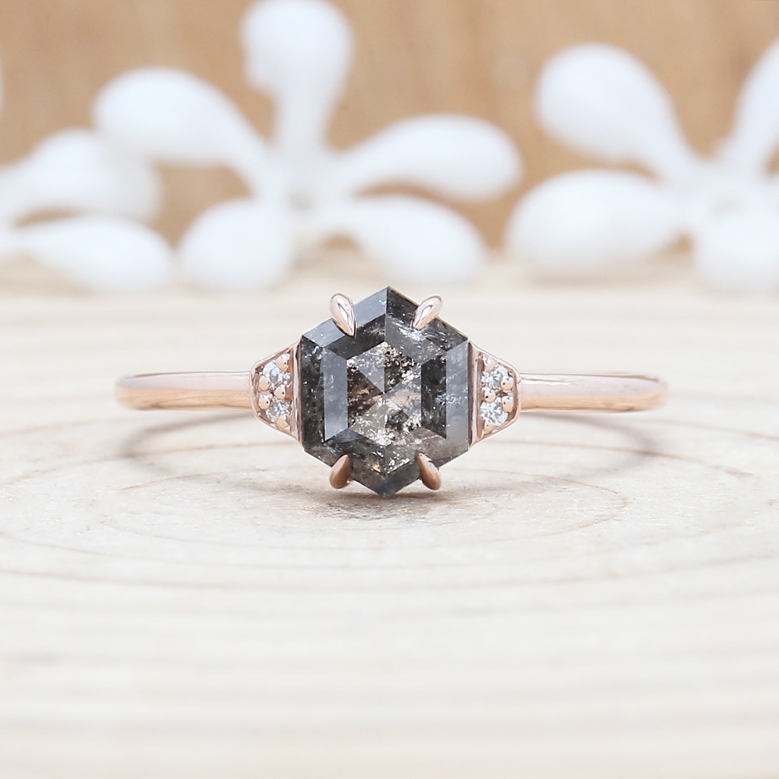 Salt and Pepper Diamond Ring, Engagement Ring,Hexagon Diamond Ring, Rose Cut Ring , 14K Rose Gold Ring ,Wedding Ring , Gift For Her KDL9197