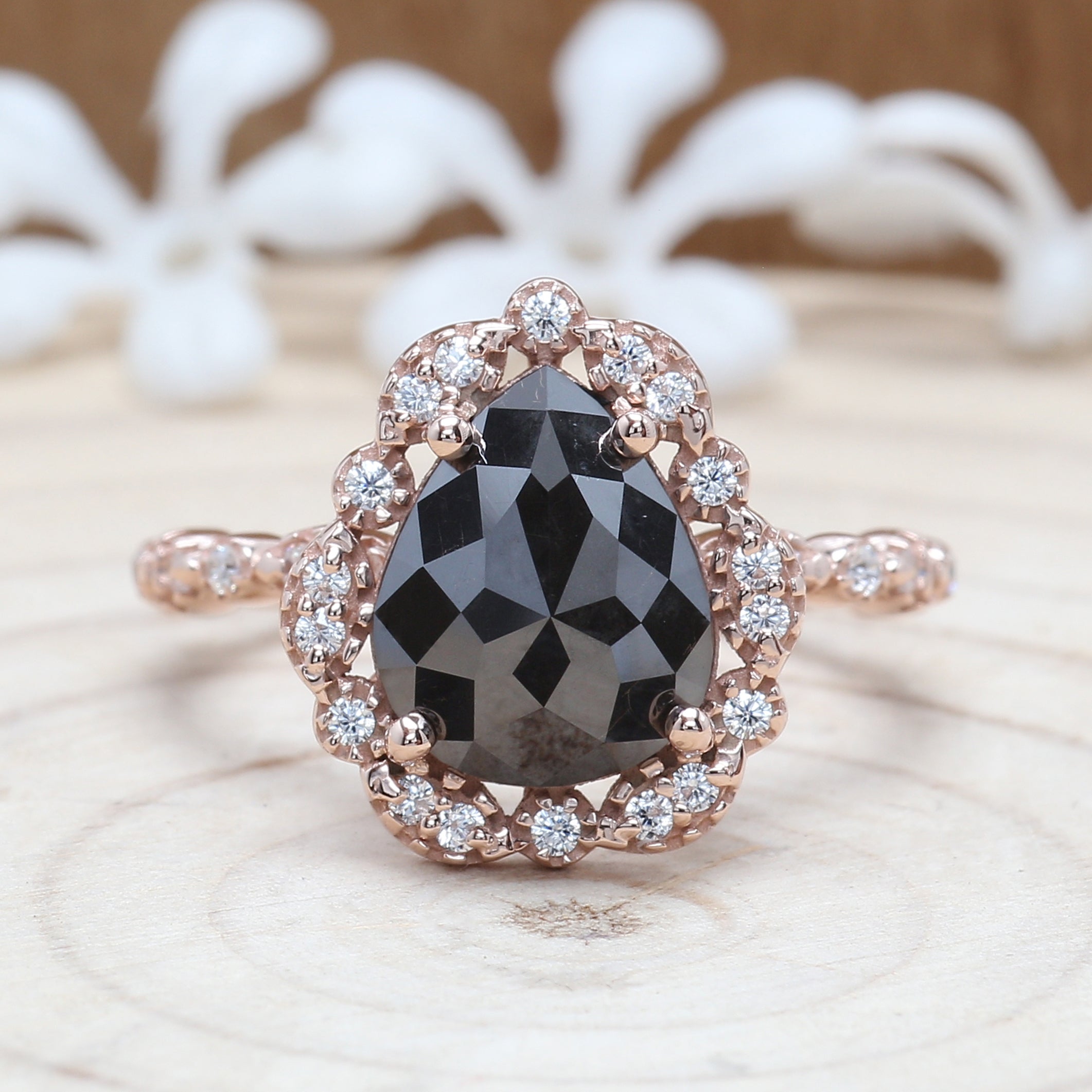 Pear Shape Black Color Diamond Ring 2.75 Ct 10.30 MM Pear Cut Diamond Ring 14K Solid Rose Gold Silver Engagement Ring Gift For Her QL3107