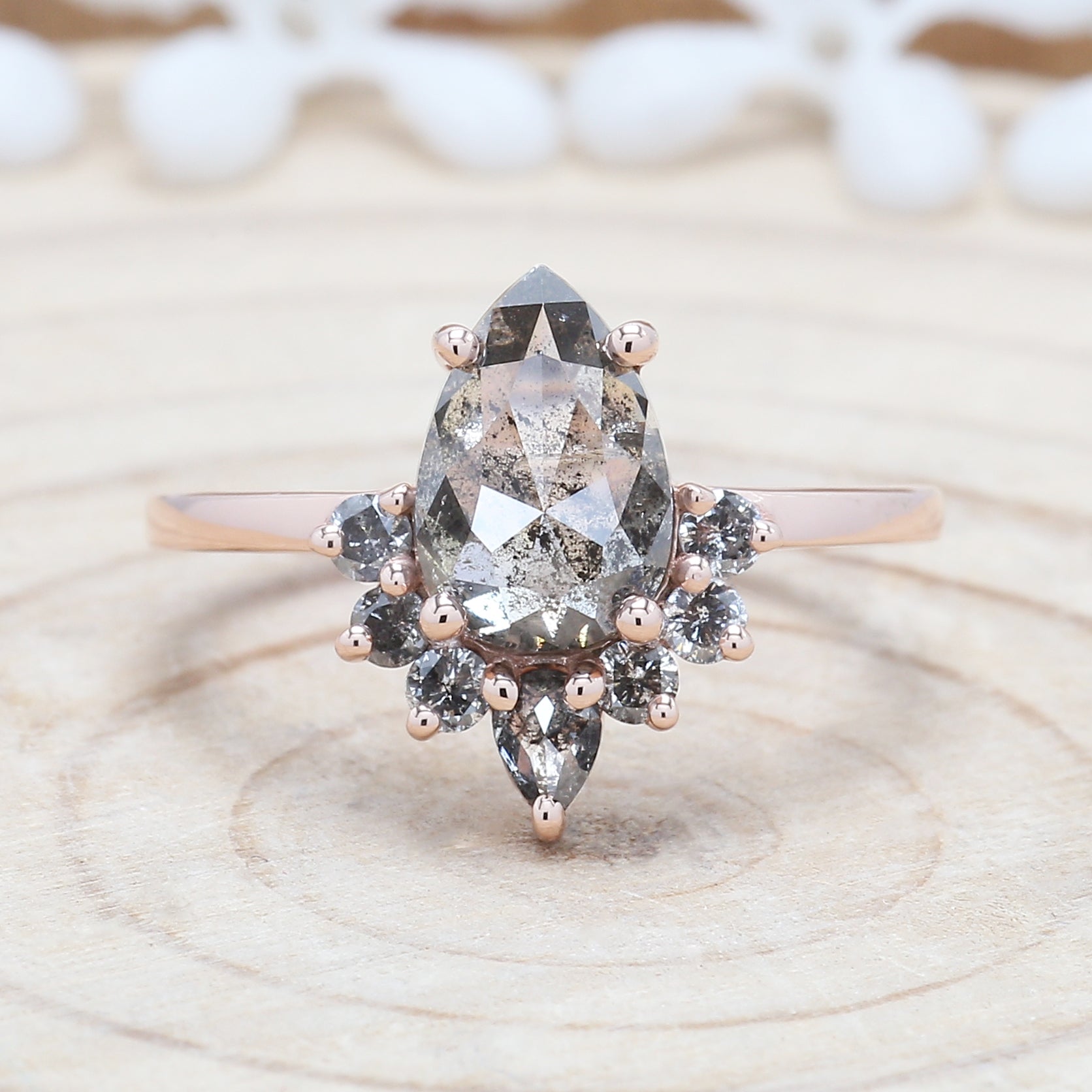 Salt And Pepper Diamond Ring, Engagement Ring, Pear Rose Cut Diamond Ring , 14K Rose Gold Ring ,Wedding Ring , Gift For Her KDL9281