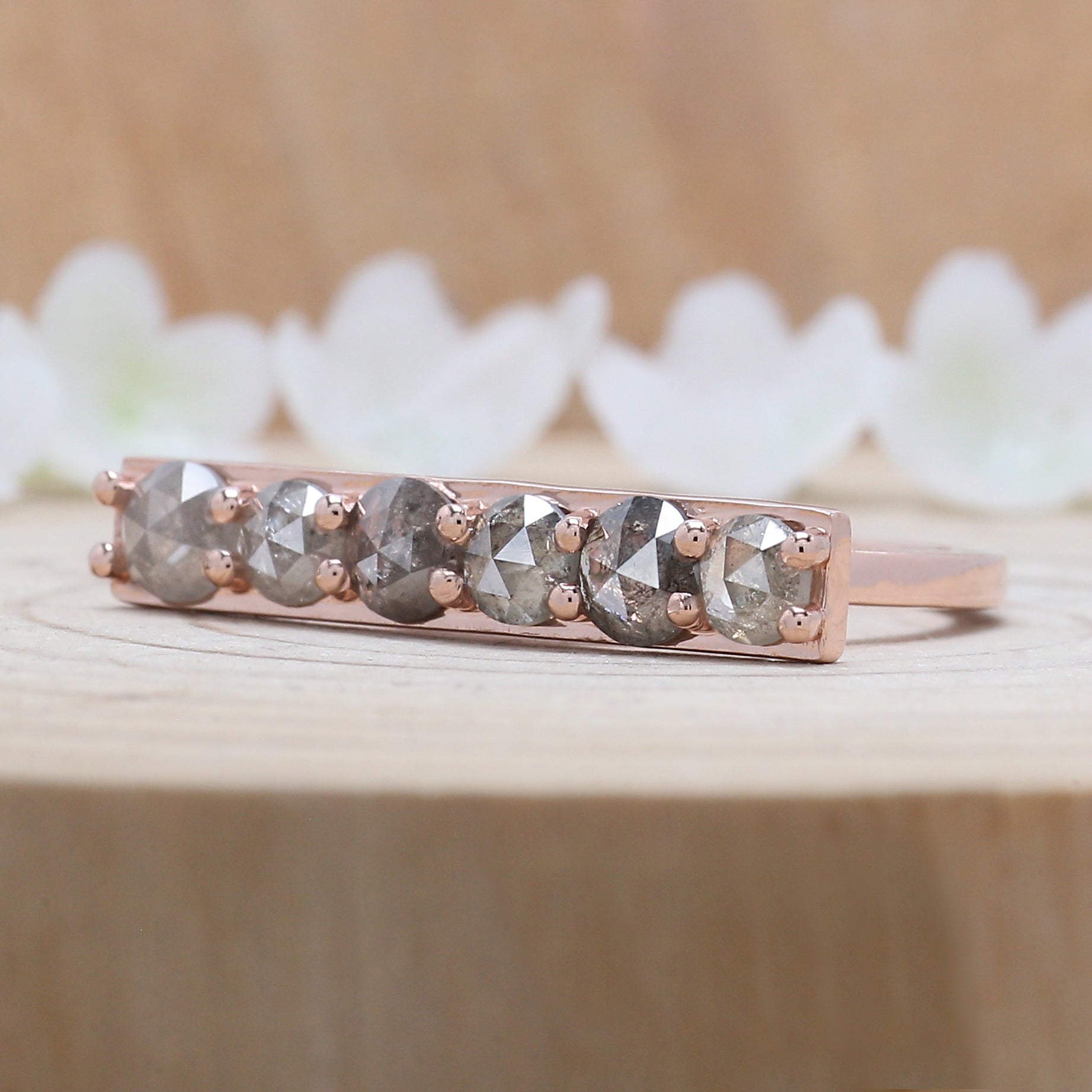 Round Rose Cut Salt And Pepper Diamond Ring 1.66 Ct 4.35 MM Round Diamond Ring 14K Rose Gold Silver Engagement Ring Gift For Her QLB1133