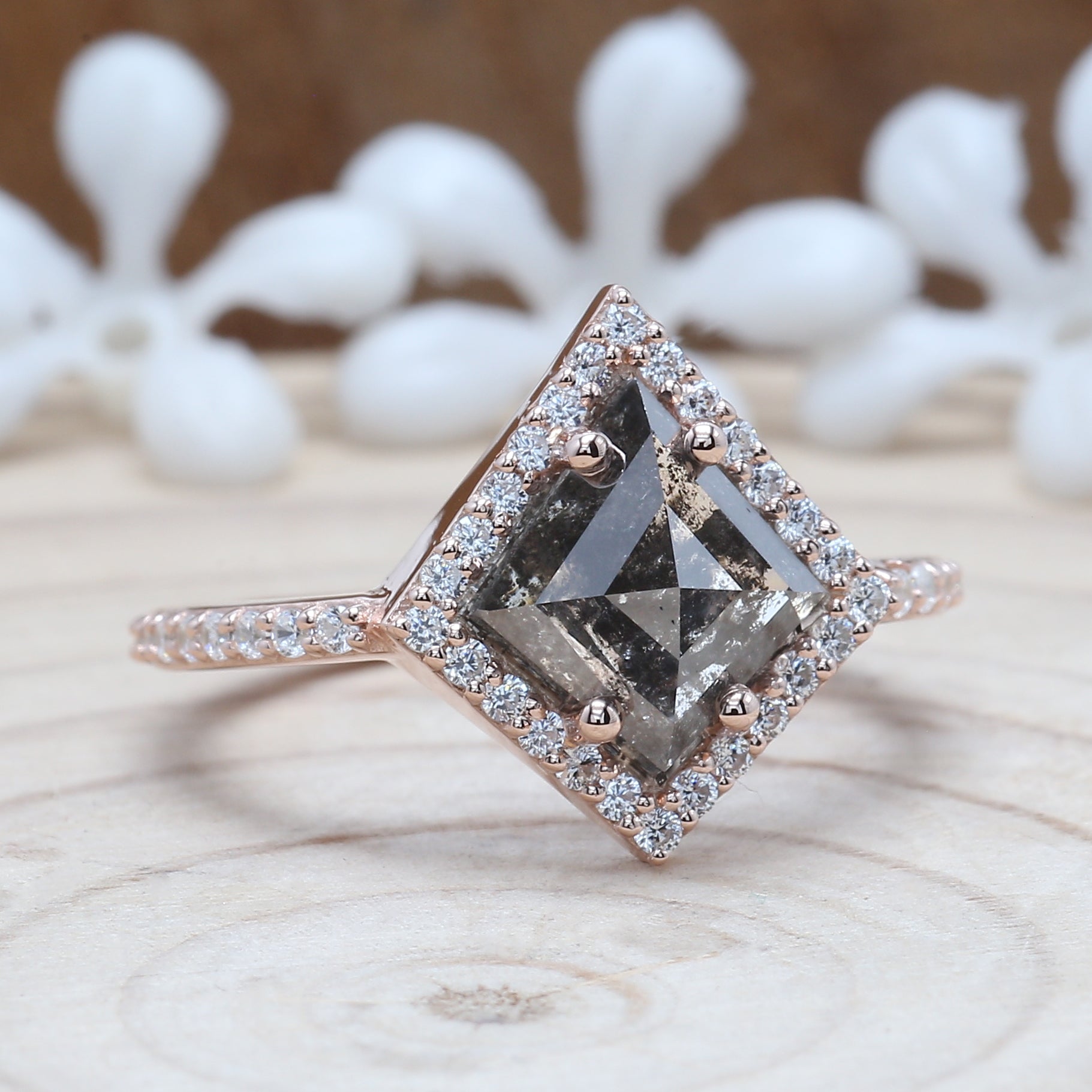 Salt And Pepper Kite Diamond 14K Solid Rose White Yellow Gold Ring Engagement Wedding Gift Ring KDL8799
