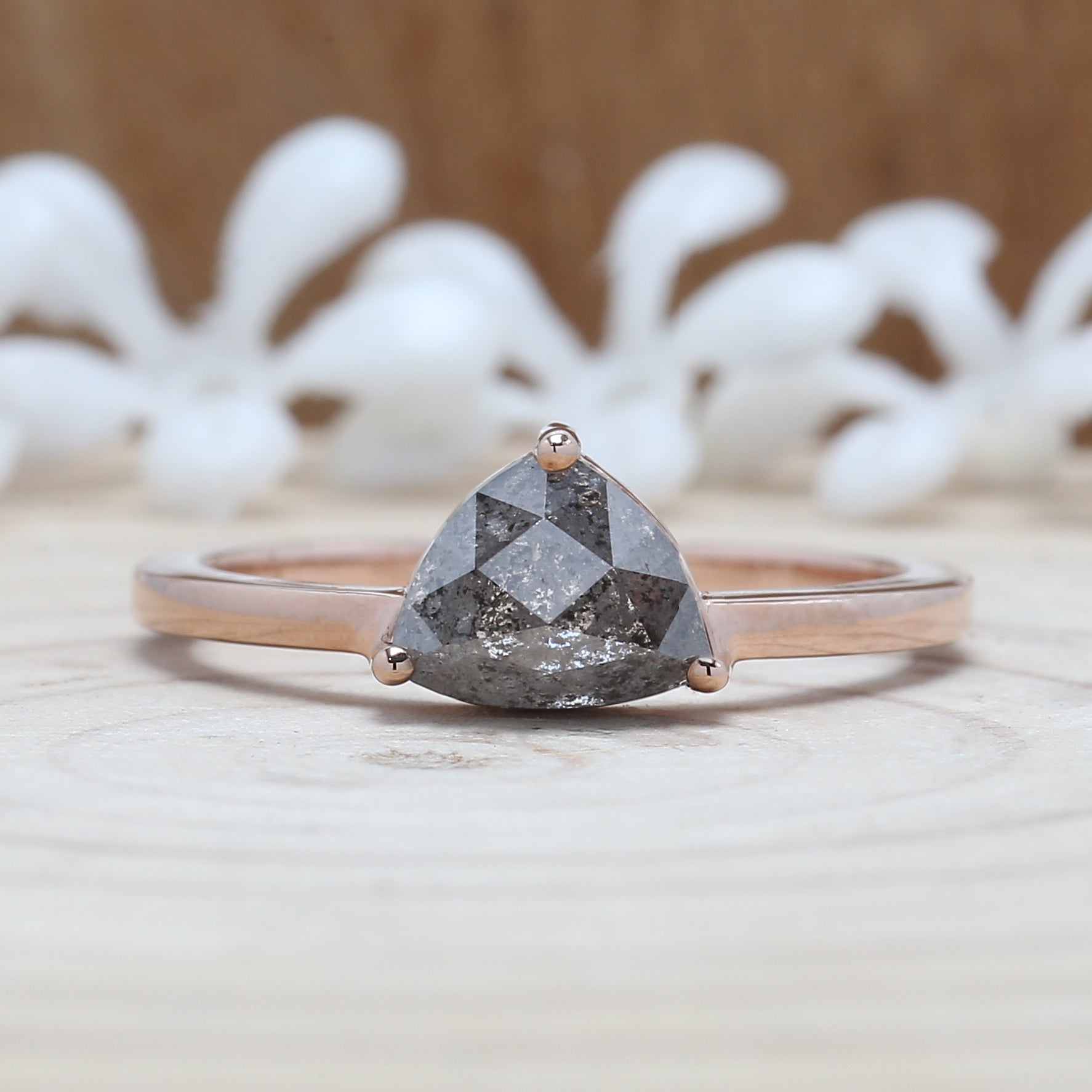 Triangle Cut Salt And Pepper Diamond Ring 1.63 Ct 6.35 MM Triangle Diamond Ring 14K Solid Rose Gold Silver Engagement Ring Gift For Her QL2986