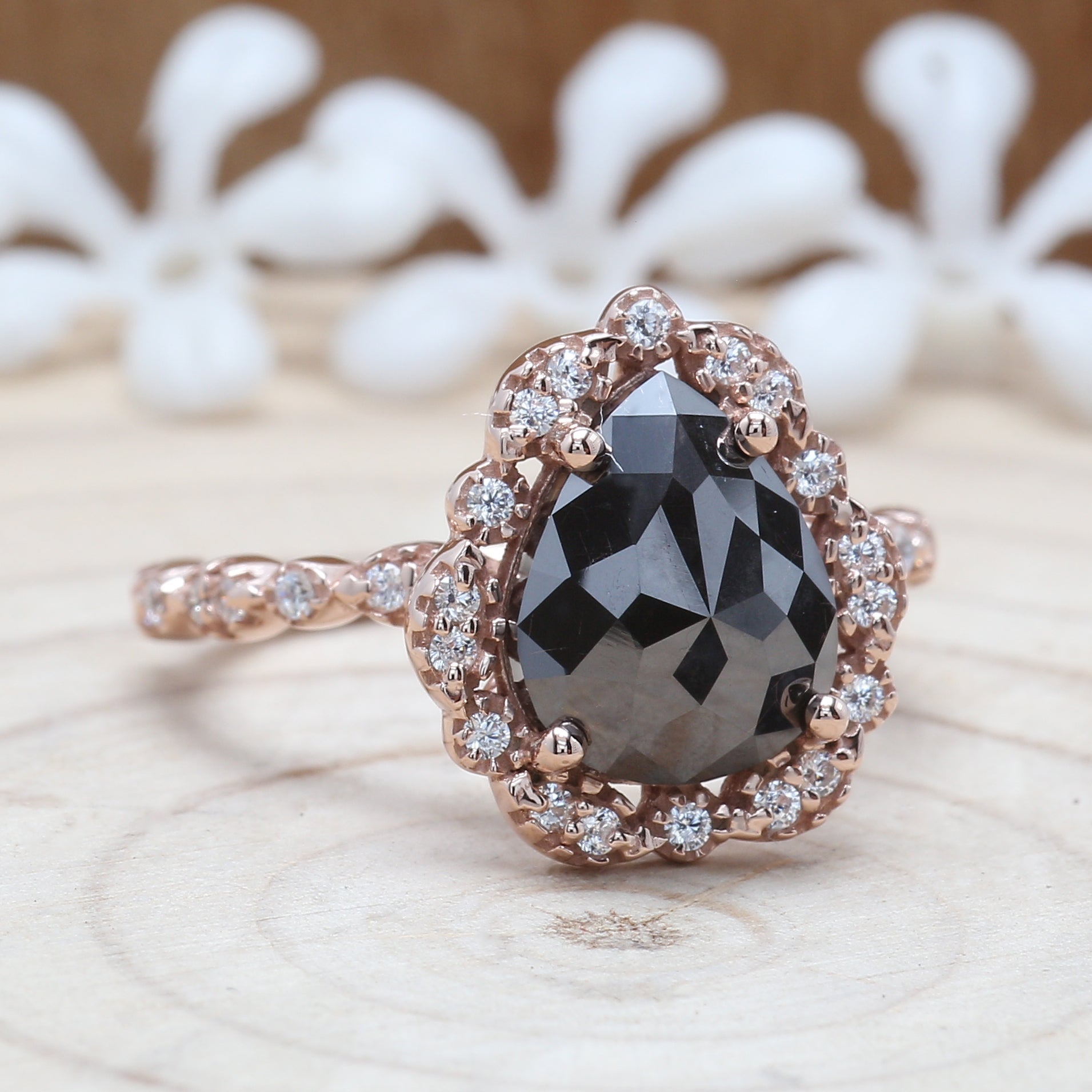 Pear Shape Black Color Diamond Ring 2.75 Ct 10.30 MM Pear Cut Diamond Ring 14K Solid Rose Gold Silver Engagement Ring Gift For Her QL3107