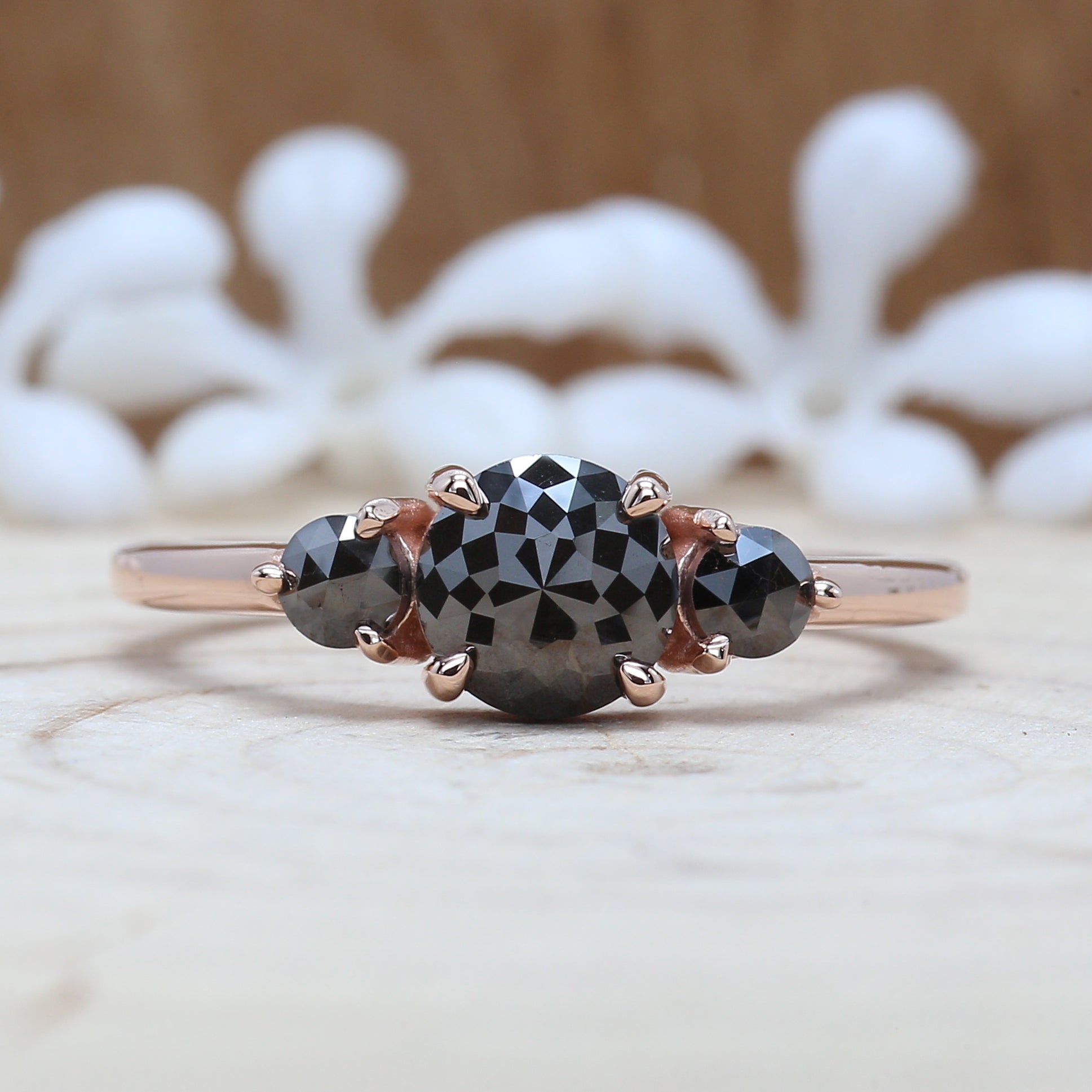 Black Round Rose Cut Diamond 14K Solid Rose Gold Ring Set Engagement Wedding Gift Ring KD449