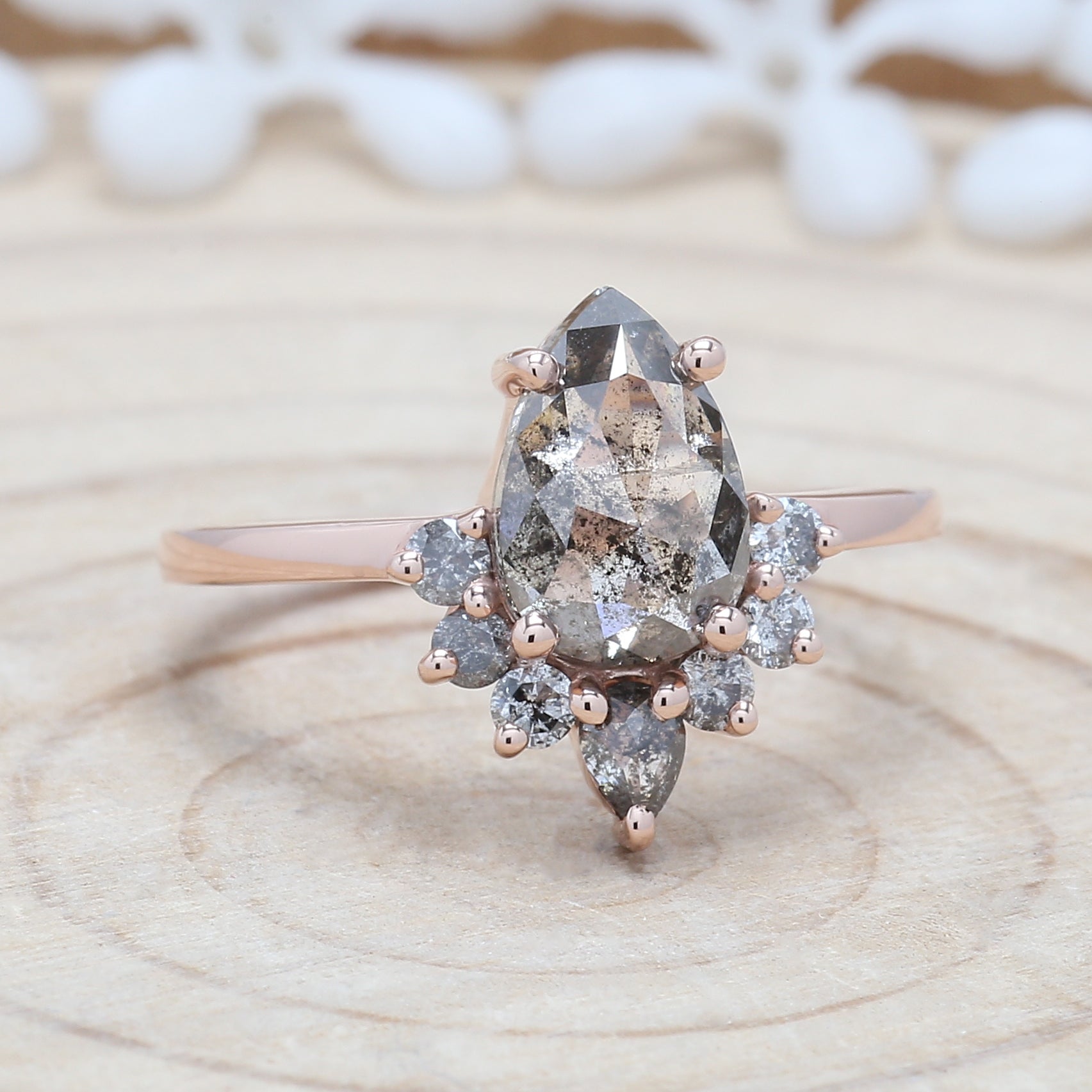 Salt And Pepper Diamond Ring, Engagement Ring, Pear Rose Cut Diamond Ring , 14K Rose Gold Ring ,Wedding Ring , Gift For Her KDL9281