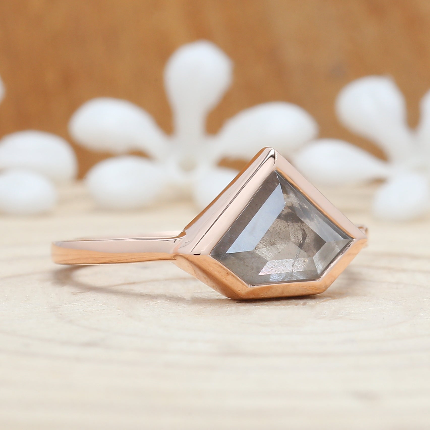 Shield Cut Salt And Pepper Diamond Ring 1.43 Ct 7.00 MM Shield Diamond Ring 14K Solid Rose Gold Silver Engagement Ring Gift For Her QN9746