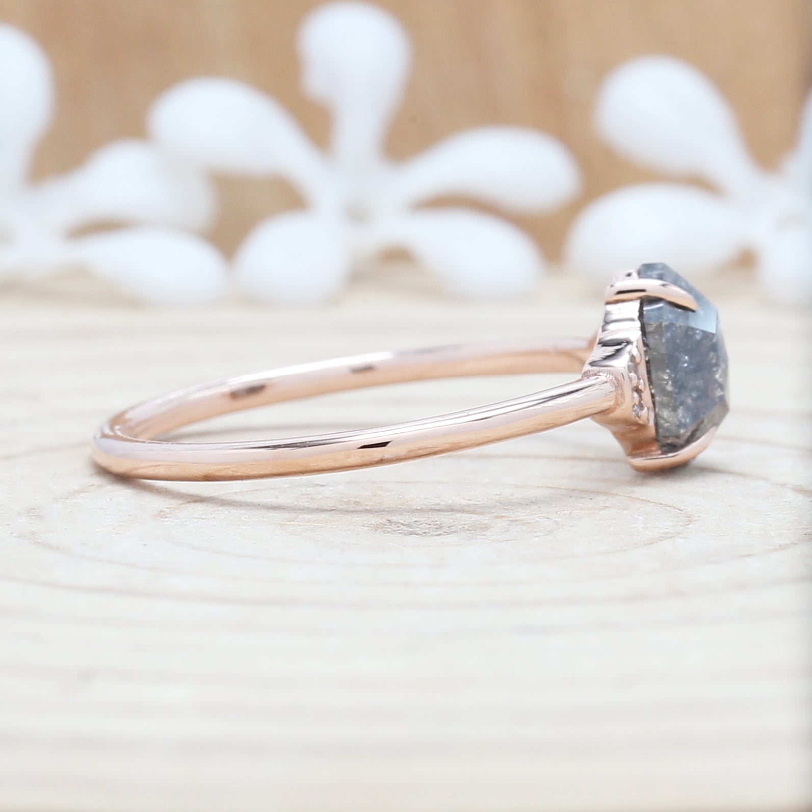 Salt and Pepper Diamond Ring, Engagement Ring,Hexagon Diamond Ring, Rose Cut Ring , 14K Rose Gold Ring ,Wedding Ring , Gift For Her KDL9197