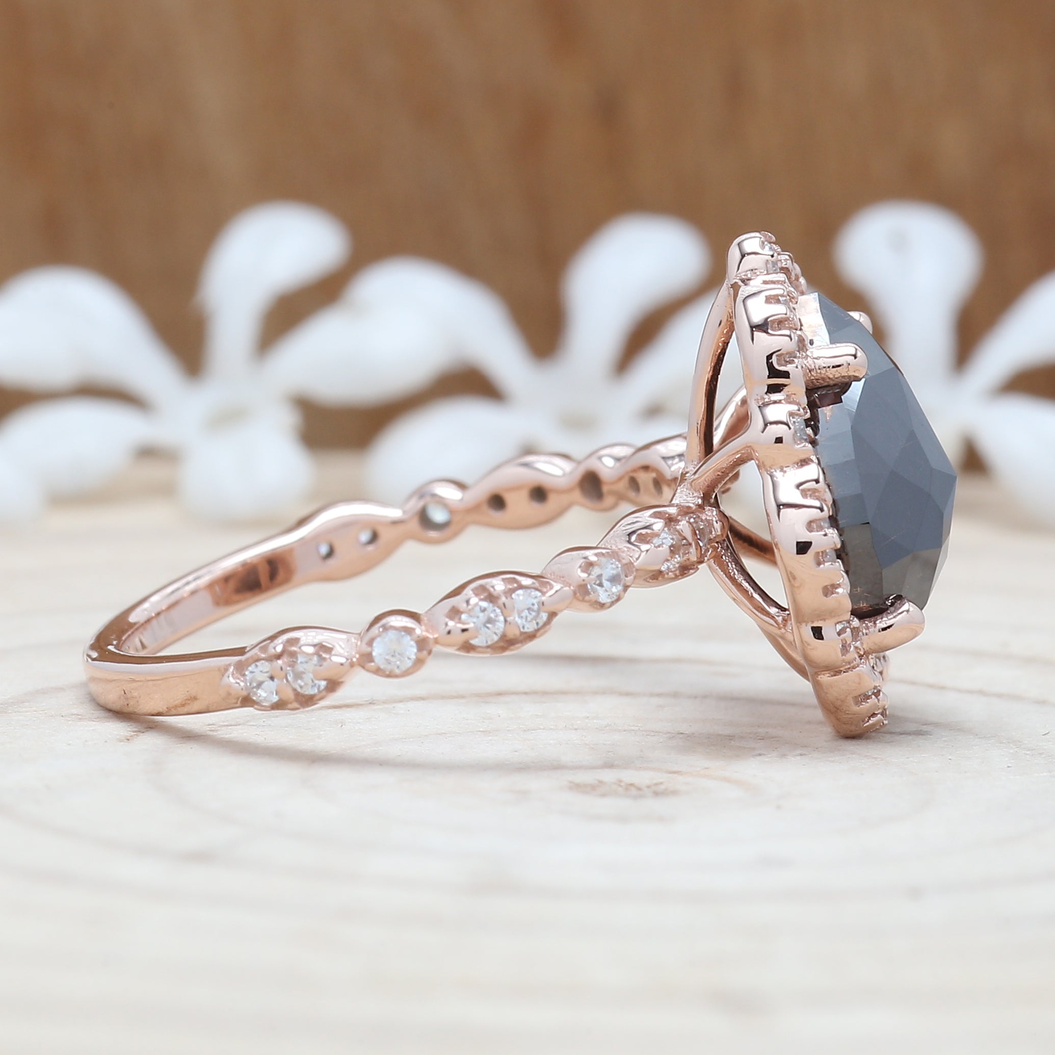 Pear Shape Black Color Diamond Ring 2.75 Ct 10.30 MM Pear Cut Diamond Ring 14K Solid Rose Gold Silver Engagement Ring Gift For Her QL3107