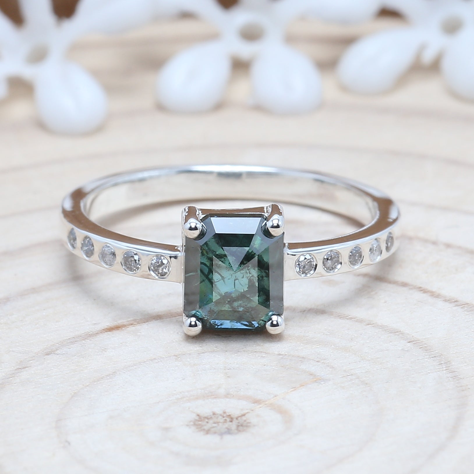 Emerald Blue Color Diamond Ring 1.04 Ct 6.60 MM Emerald Shape Diamond Ring 14K Solid White Gold Silver Engagement Ring Gift For Her QN9396