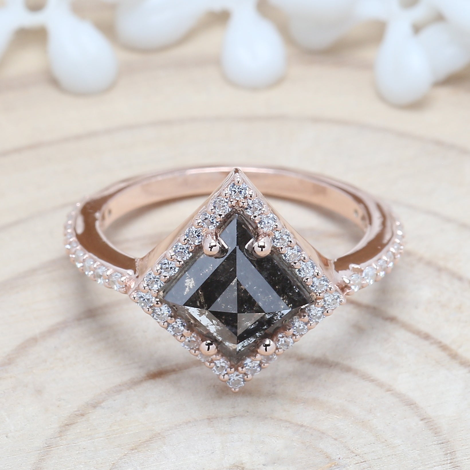 Salt And Pepper Kite Diamond 14K Solid Rose White Yellow Gold Ring Engagement Wedding Gift Ring KDL8799