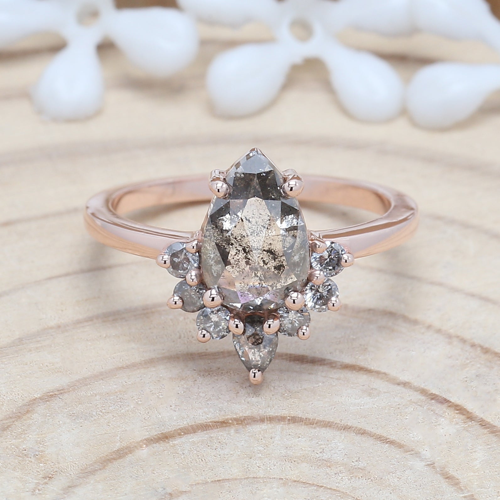 Salt And Pepper Diamond Ring, Engagement Ring, Pear Rose Cut Diamond Ring , 14K Rose Gold Ring ,Wedding Ring , Gift For Her KDL9281