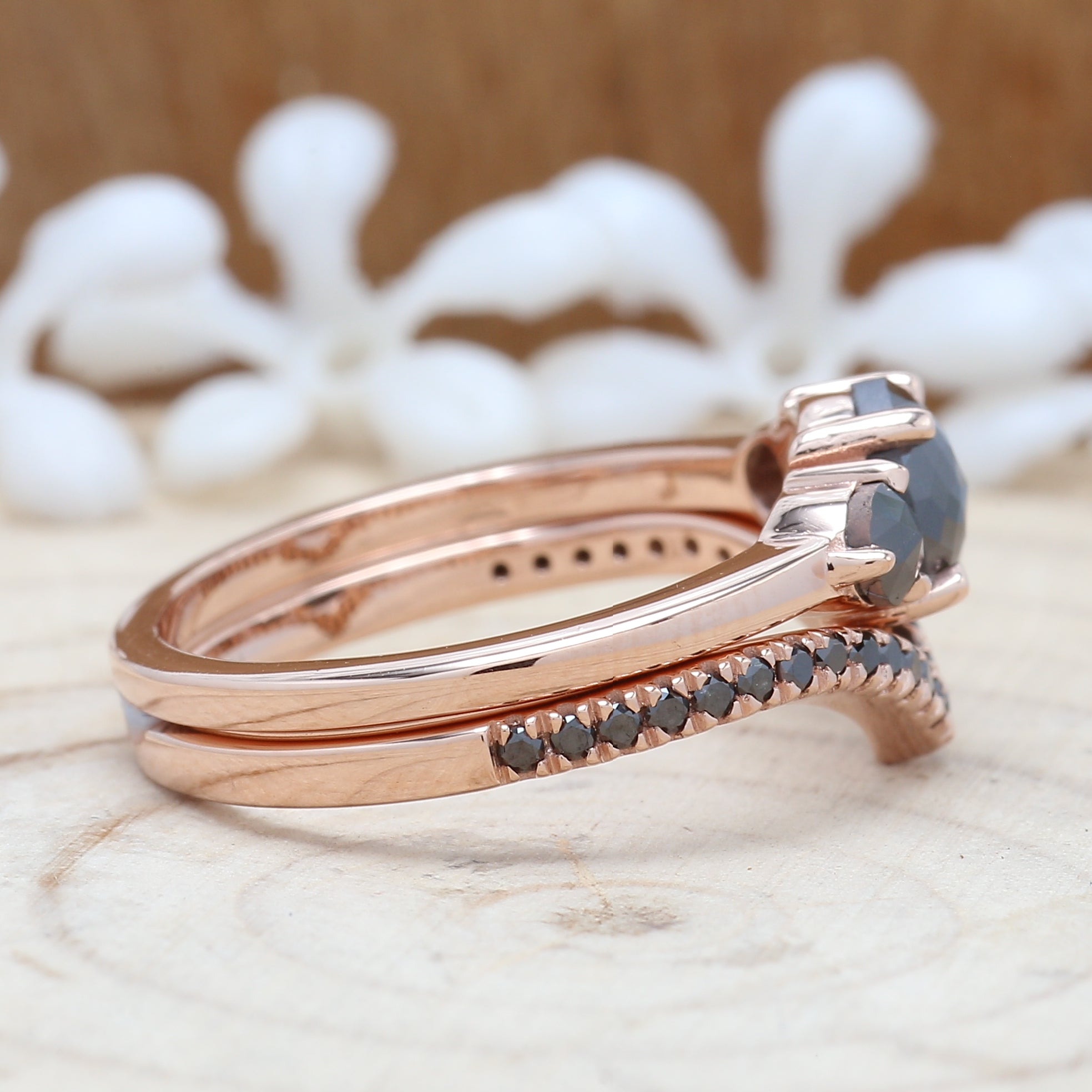 Black Round Rose Cut Diamond 14K Solid Rose Gold Ring Set Engagement Wedding Gift Ring KD449