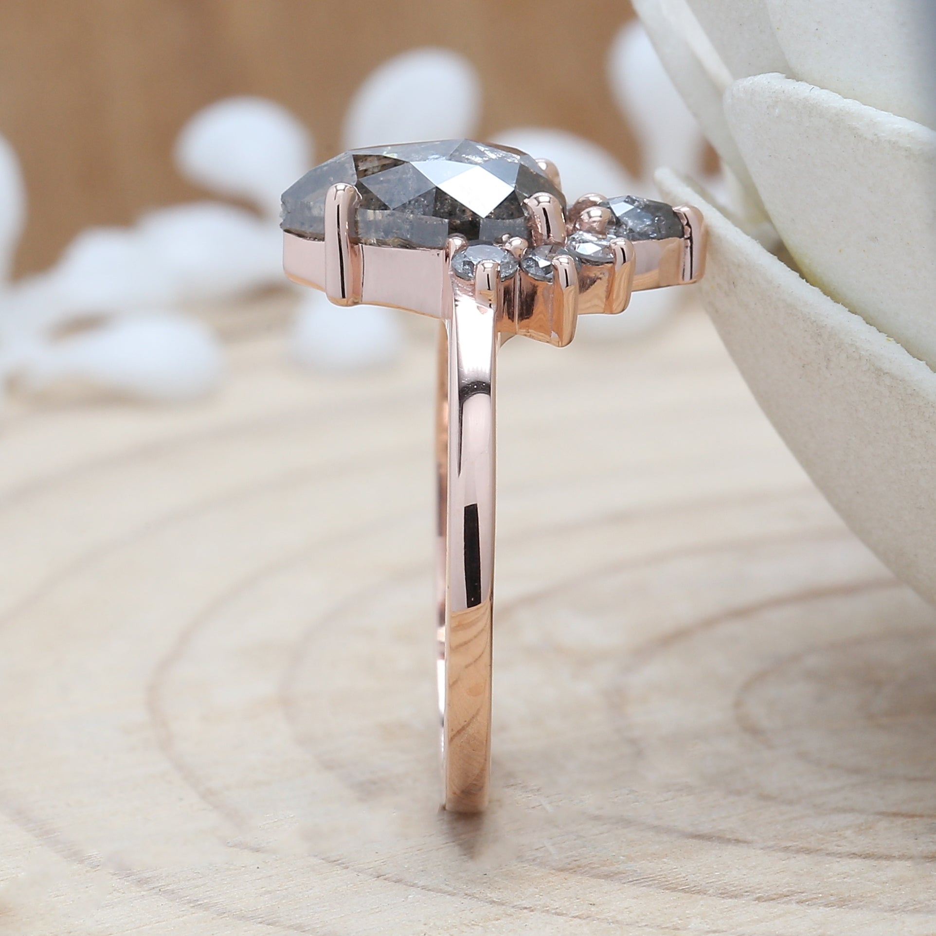 Salt And Pepper Diamond Ring, Engagement Ring, Pear Rose Cut Diamond Ring , 14K Rose Gold Ring ,Wedding Ring , Gift For Her KDL9281