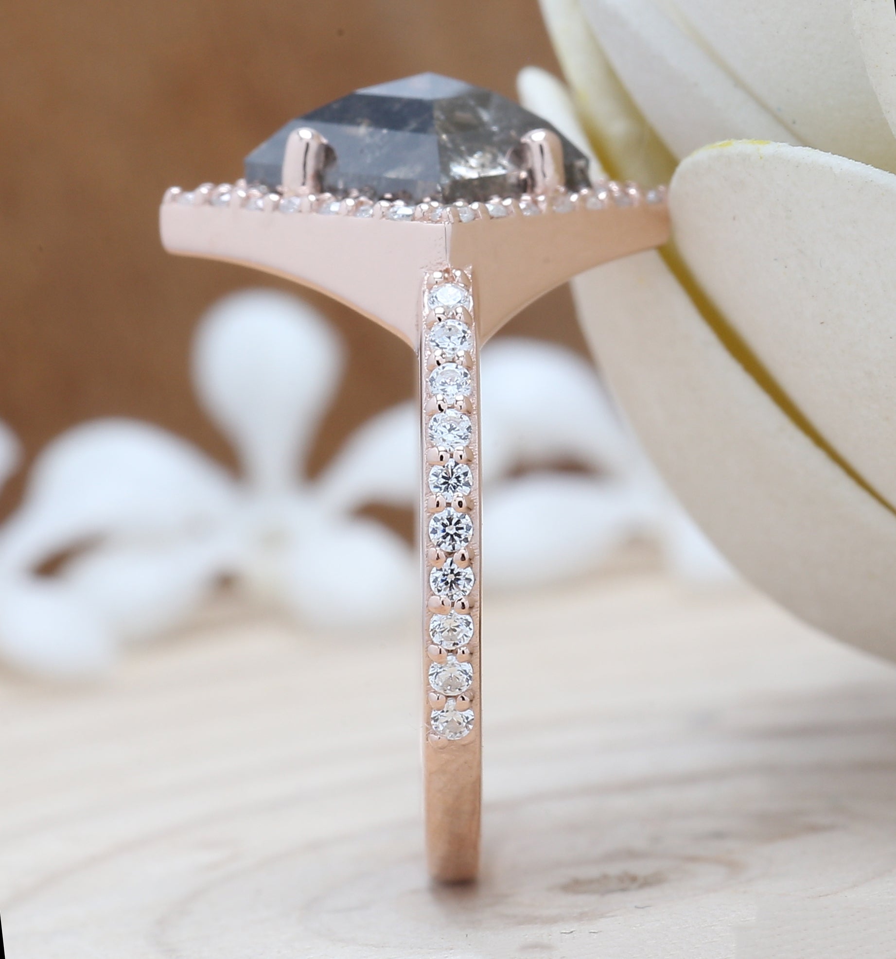 Salt And Pepper Kite Diamond 14K Solid Rose White Yellow Gold Ring Engagement Wedding Gift Ring KDL8799