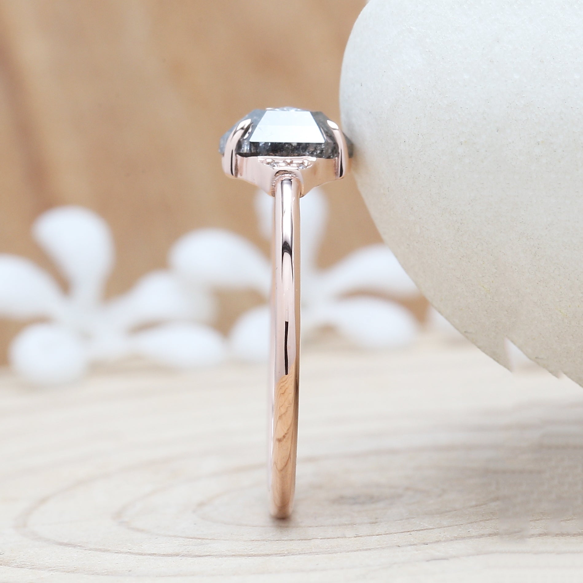 Salt and Pepper Diamond Ring, Engagement Ring,Hexagon Diamond Ring, Rose Cut Ring , 14K Rose Gold Ring ,Wedding Ring , Gift For Her KDL9197