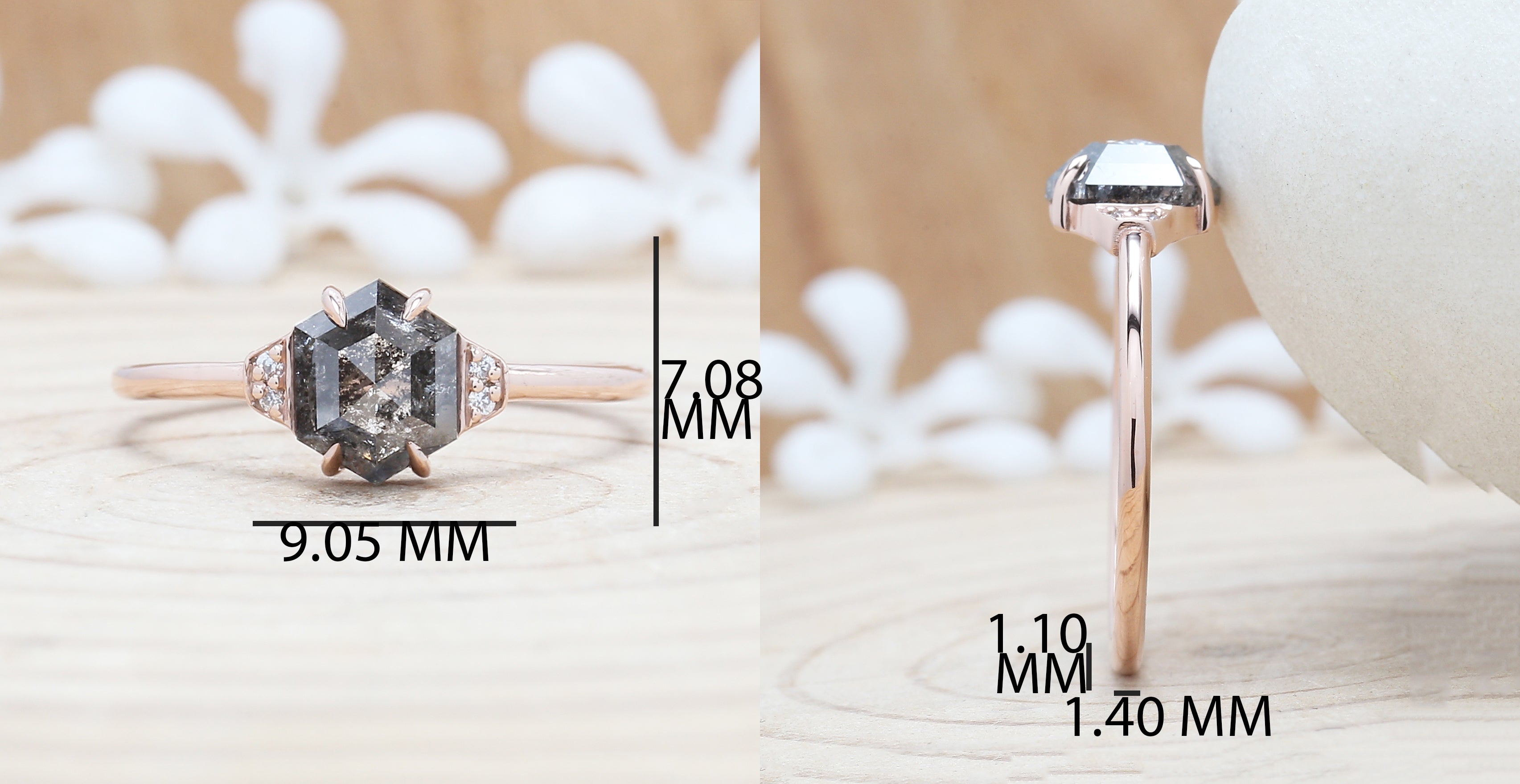 Salt and Pepper Diamond Ring, Engagement Ring,Hexagon Diamond Ring, Rose Cut Ring , 14K Rose Gold Ring ,Wedding Ring , Gift For Her KDL9197