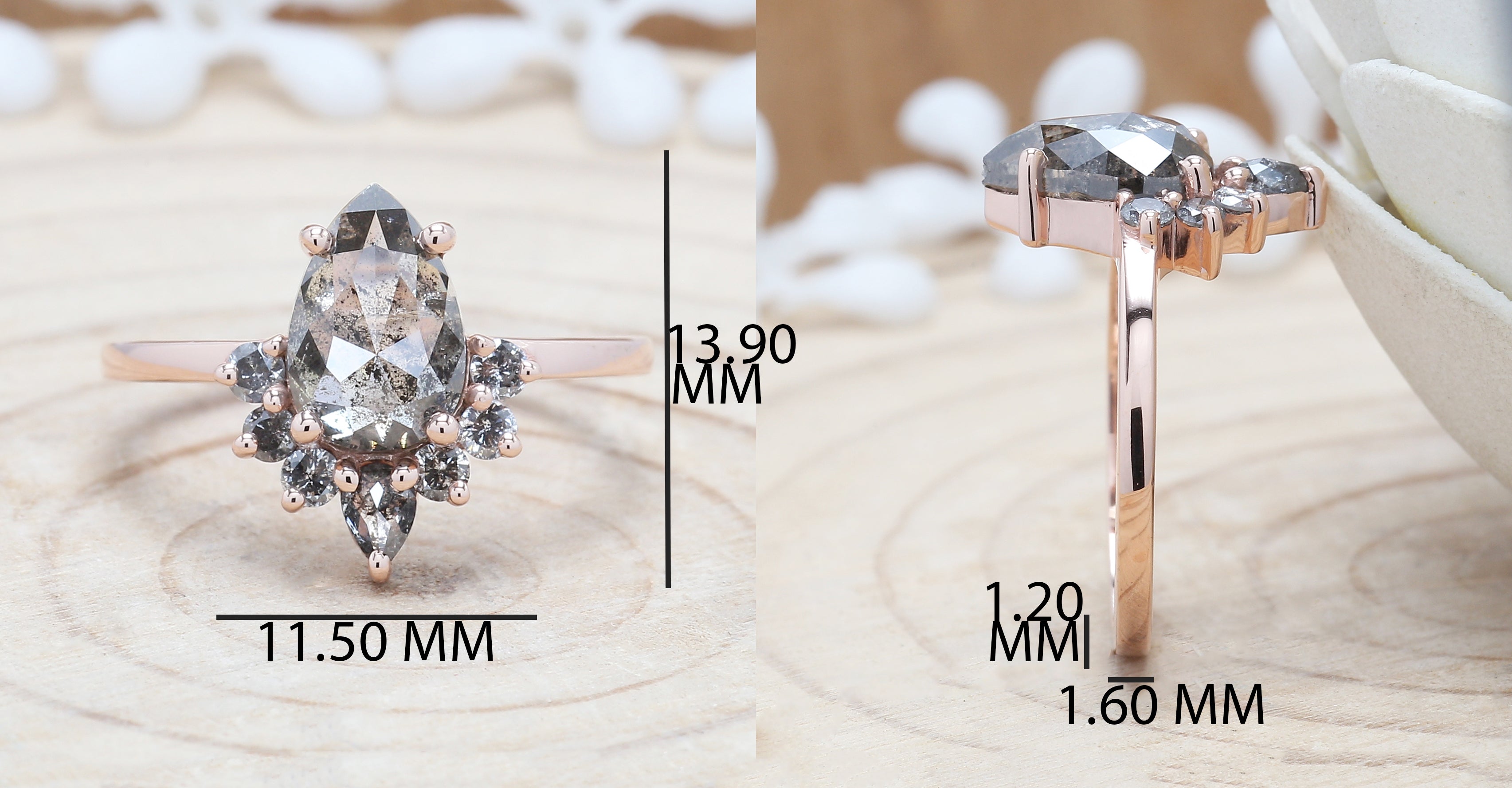 Salt And Pepper Diamond Ring, Engagement Ring, Pear Rose Cut Diamond Ring , 14K Rose Gold Ring ,Wedding Ring , Gift For Her KDL9281