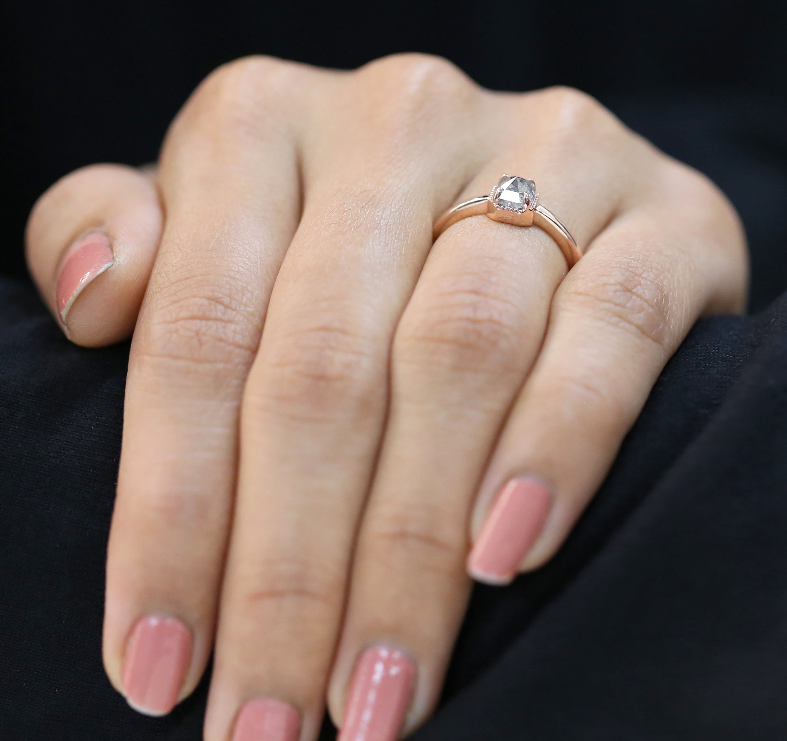 Emerald Cut Salt And Pepper Diamond Ring 0.78 Ct 5.20 MM Emerald Diamond Ring 14K Solid Rose Gold Silver Engagement Ring Gift For Her QL3081