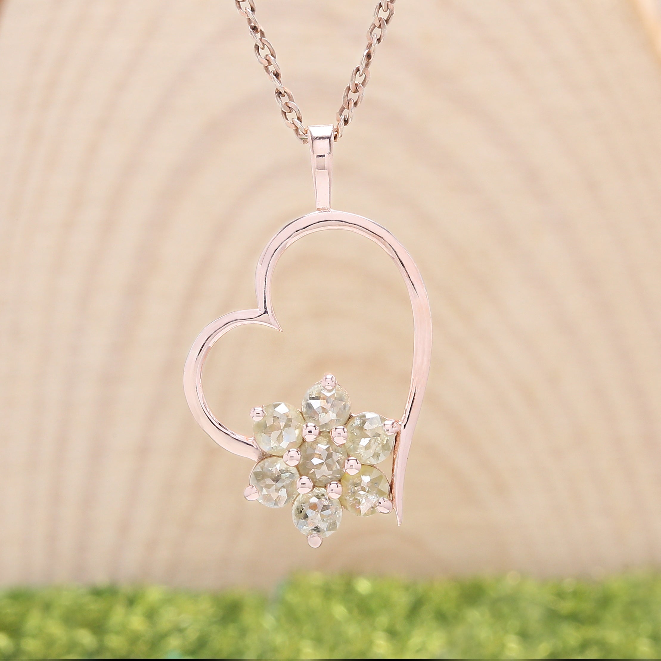 Round Rose Cut Yellow Color Diamond Pendant 1.28 Ct 3.30 MM Round Grey Color Diamond Pendant 14K Solid Rose Gold Engagement Pendant QL5985