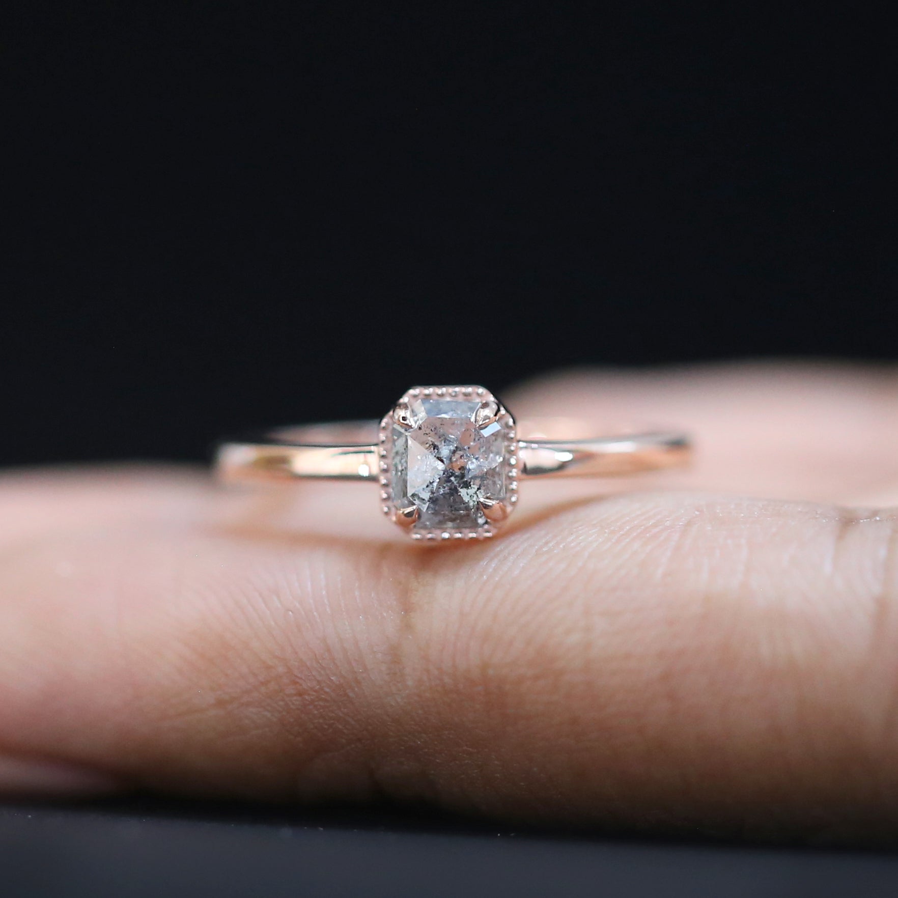 Emerald Cut Salt And Pepper Diamond Ring 0.78 Ct 5.20 MM Emerald Diamond Ring 14K Solid Rose Gold Silver Engagement Ring Gift For Her QL3081