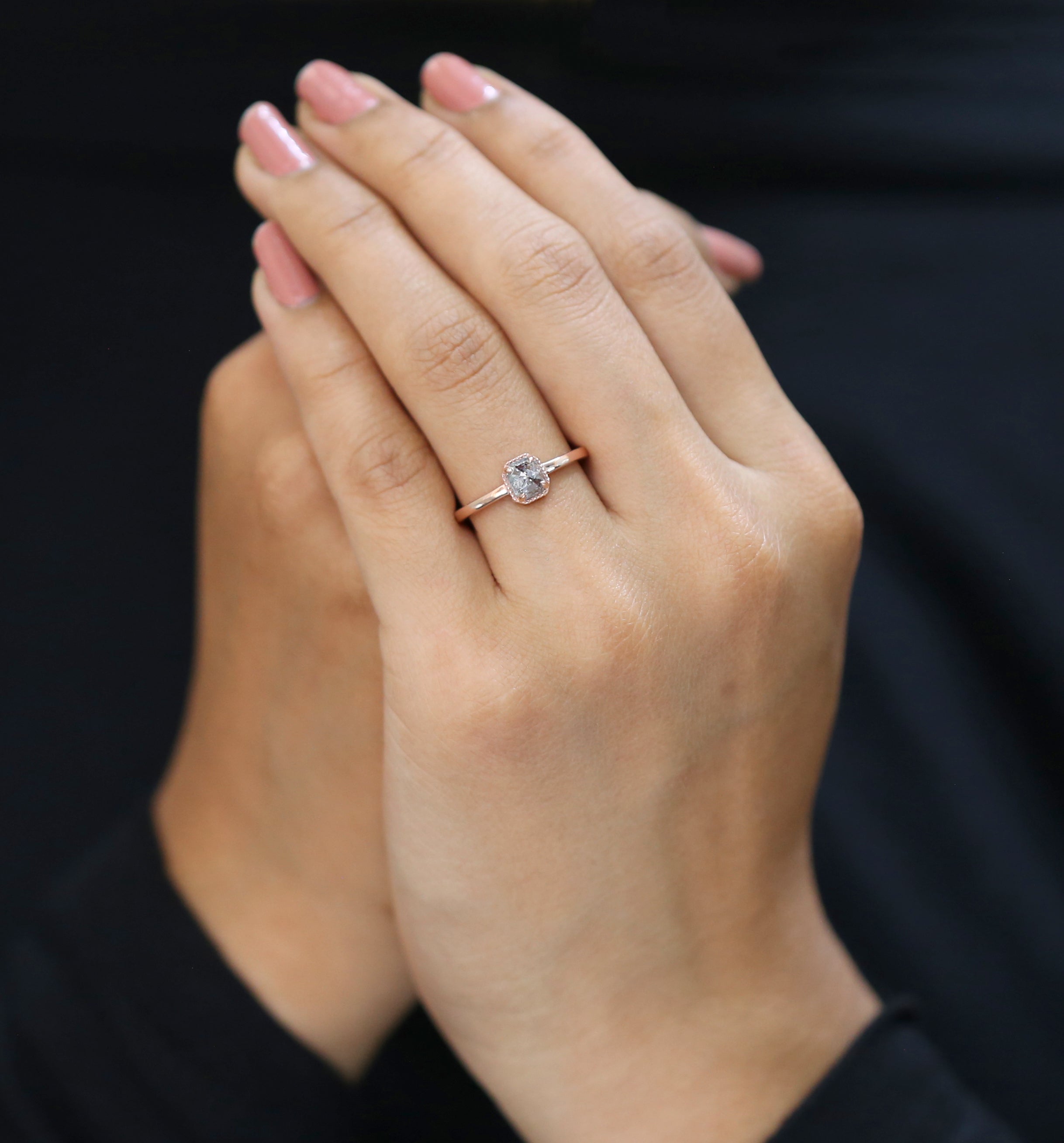 Emerald Cut Salt And Pepper Diamond Ring 0.78 Ct 5.20 MM Emerald Diamond Ring 14K Solid Rose Gold Silver Engagement Ring Gift For Her QL3081