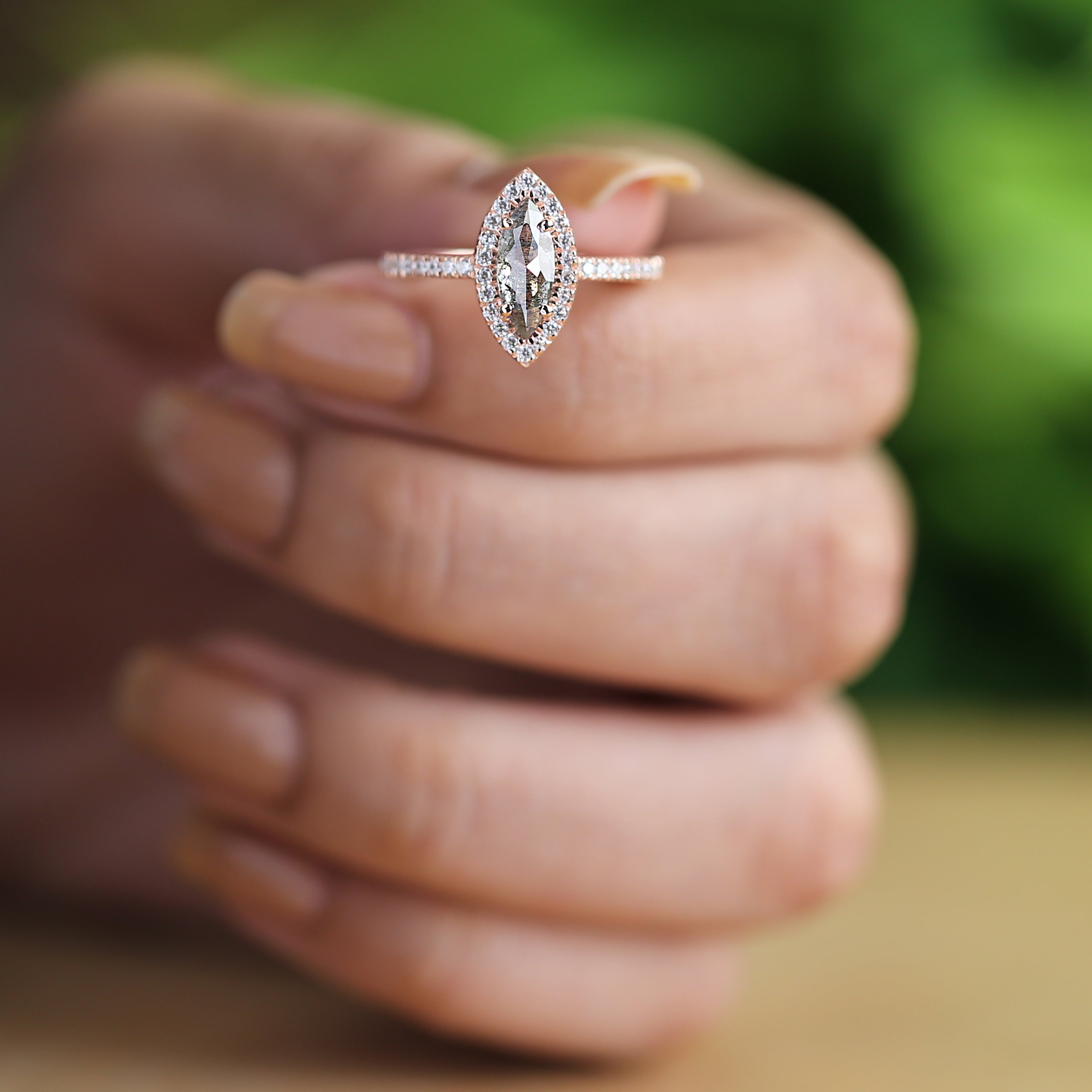 Marquise Salt And Pepper Diamond Ring 0.73 Ct 9.90 MM Marquise Diamond Ring 14K Solid Rose Gold Silver Engagement Ring Gift For Her QL780