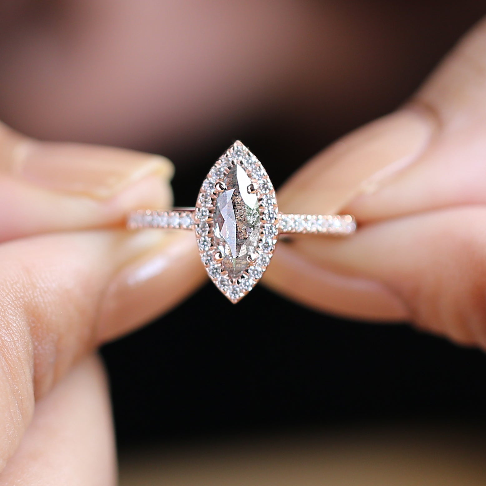 Marquise Salt And Pepper Diamond Ring 0.73 Ct 9.90 MM Marquise Diamond Ring 14K Solid Rose Gold Silver Engagement Ring Gift For Her QL780